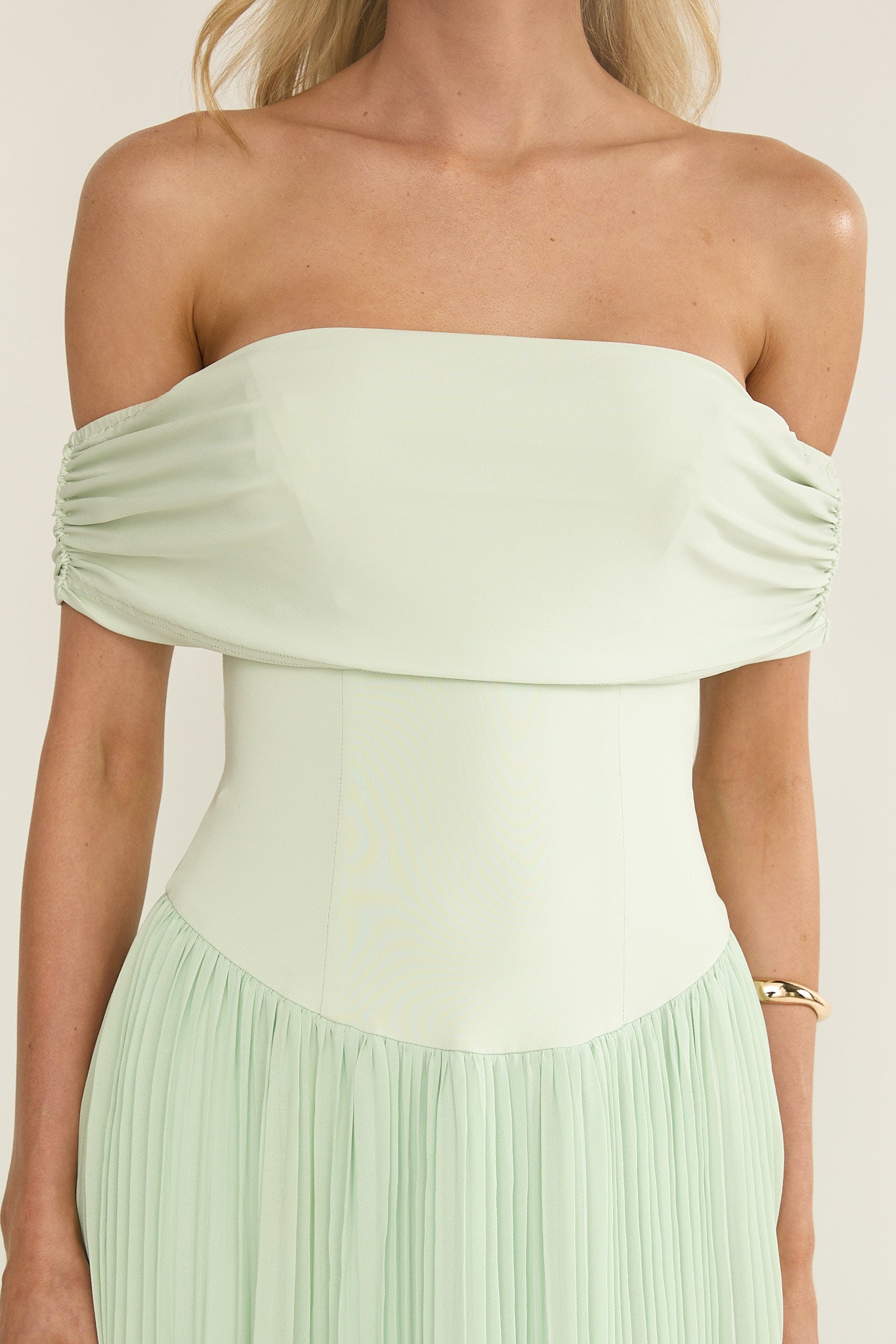 Flutters Off-Shoulder Accordion Pleat Dress Sage-Maymioy