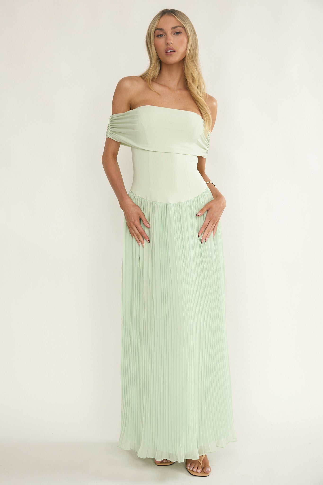 Flutters Off-Shoulder Accordion Pleat Dress Sage-Maymioy