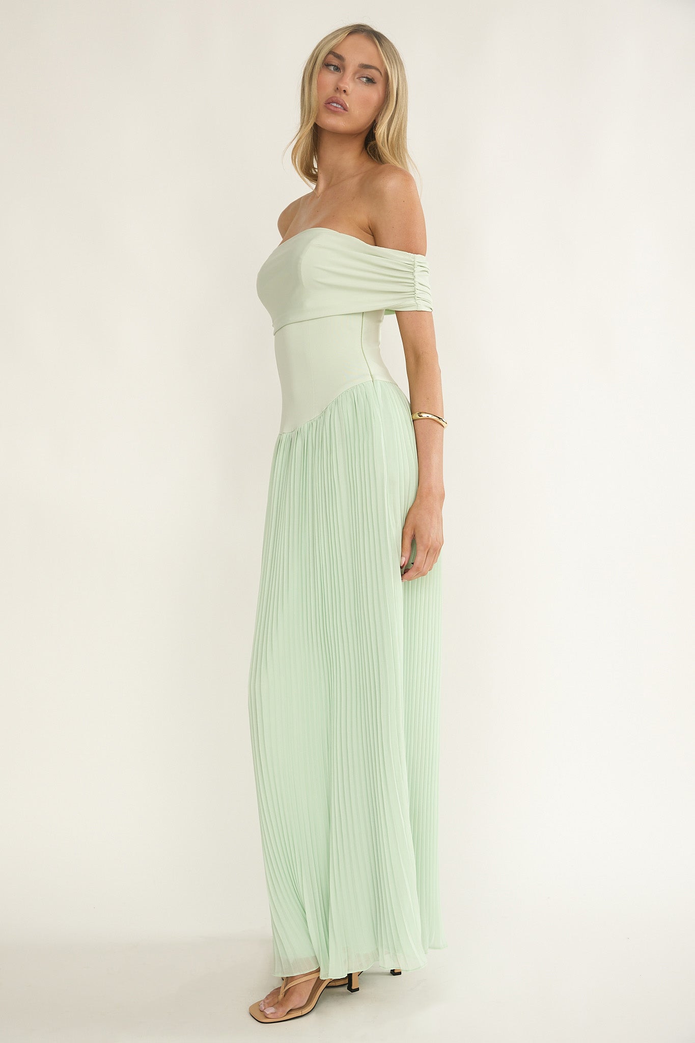 Flutters Off-Shoulder Accordion Pleat Dress Sage-Maymioy
