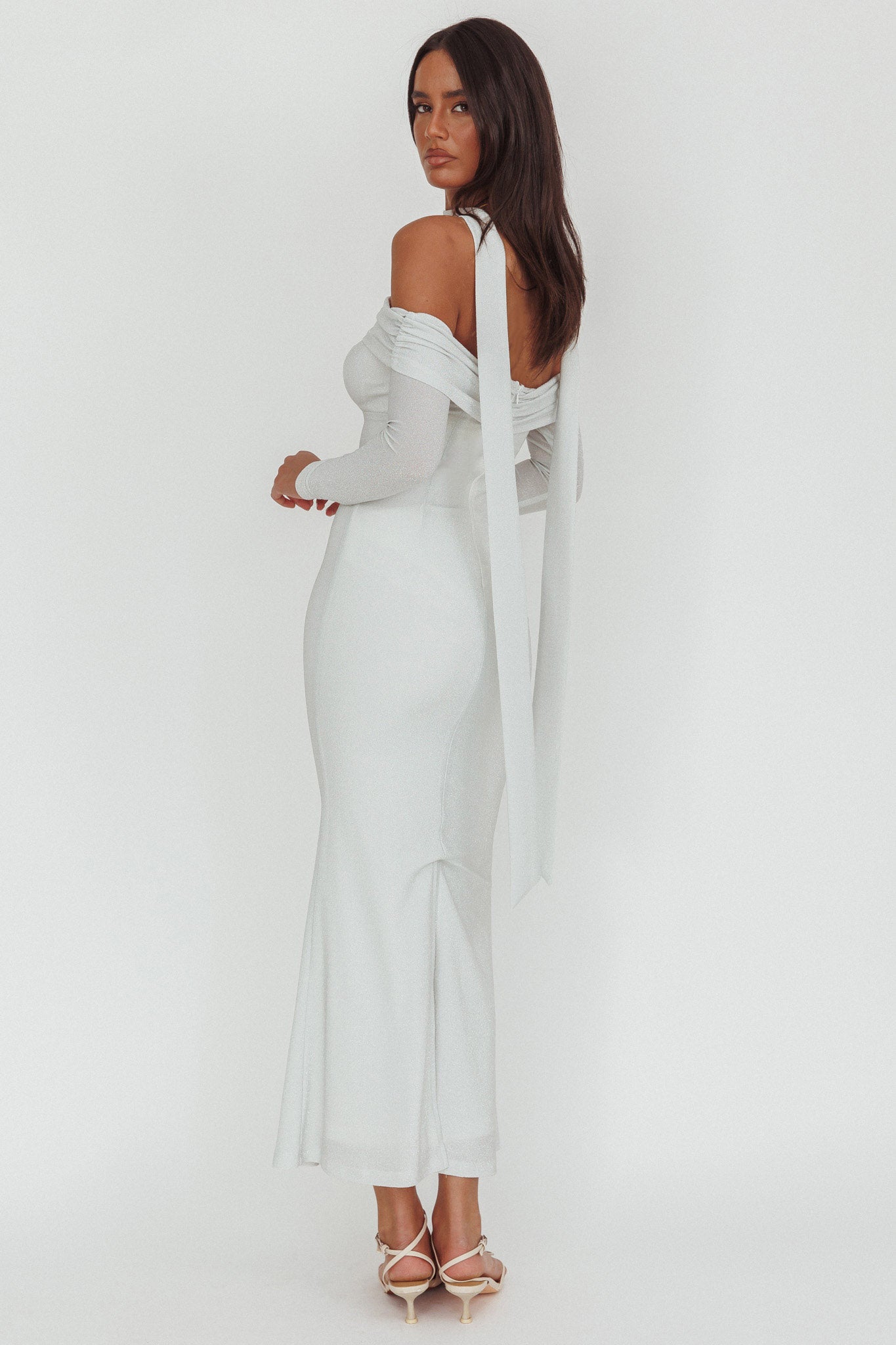 Flutters Off-Shoulder Long Sleeve Maxi Dress White-Maymioy