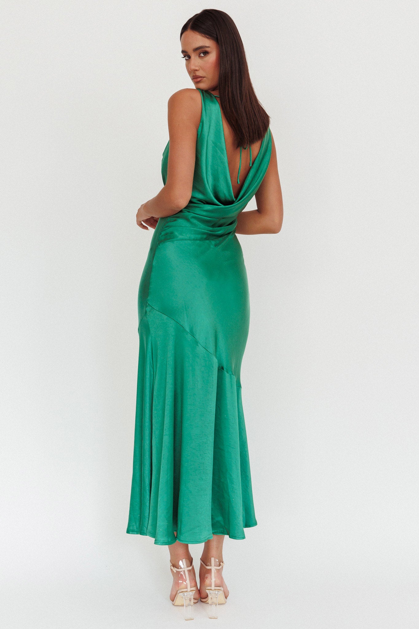 Cecilia Cowl Neck Drape Back Maxi Dress Emerald-Maymioy