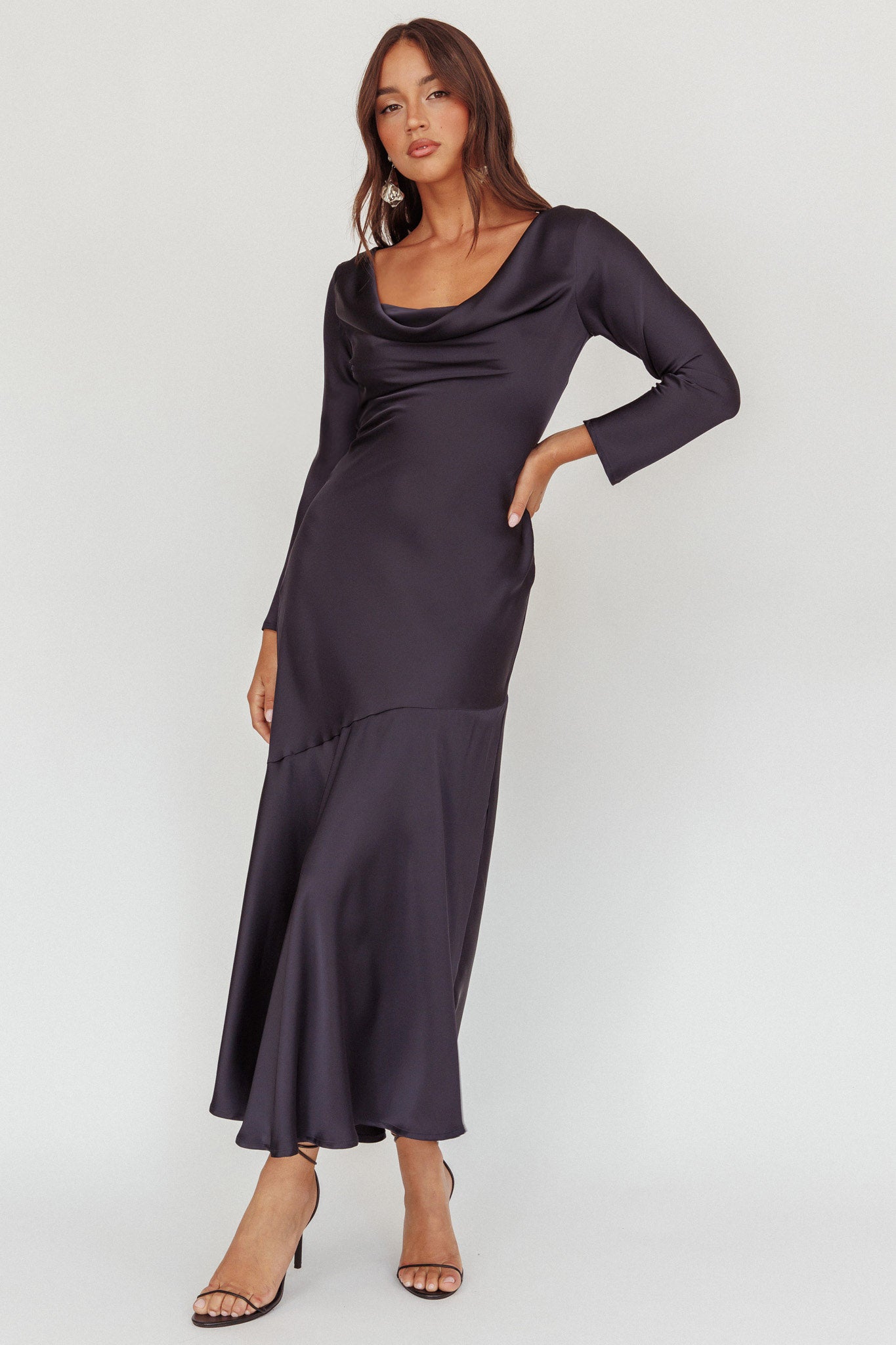 Cecilia Long Sleeve Drape Back Maxi Dress Navy-Maymioy