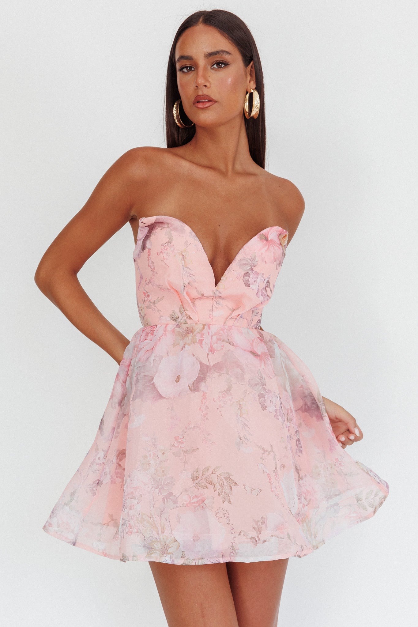 Gem Deep Sweetheart Neckline Mini Dress Floral Pink-Maymioy