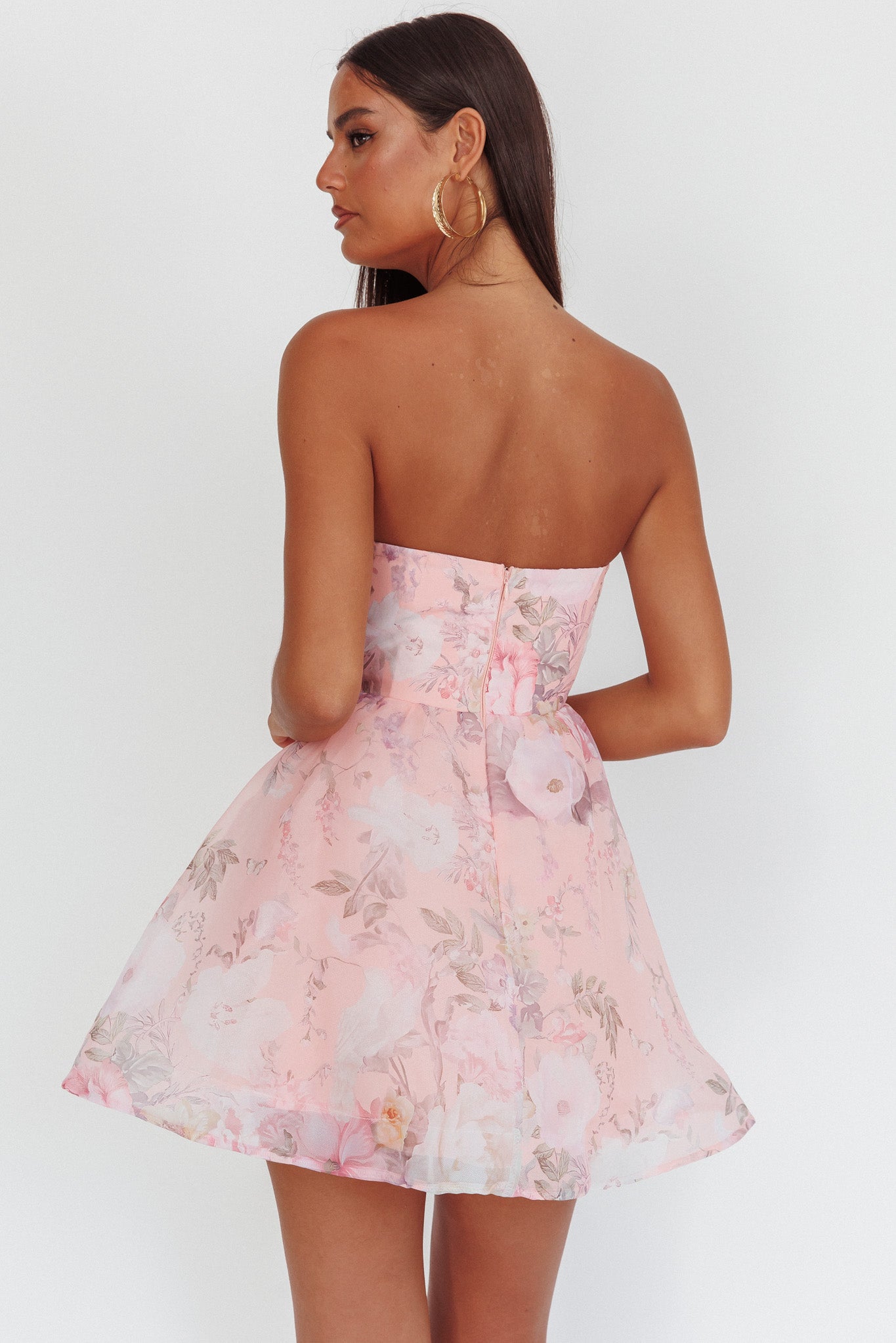 Gem Deep Sweetheart Neckline Mini Dress Floral Pink-Maymioy
