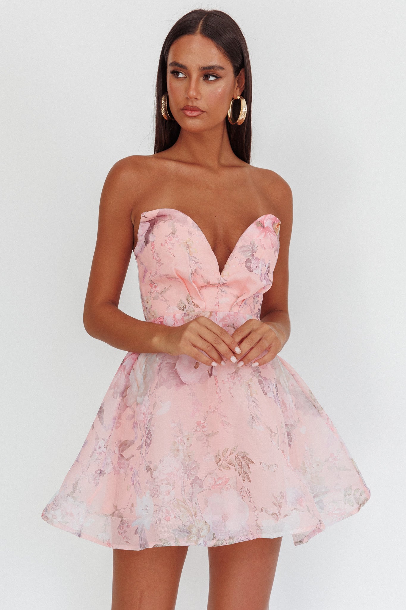 Gem Deep Sweetheart Neckline Mini Dress Floral Pink-Maymioy