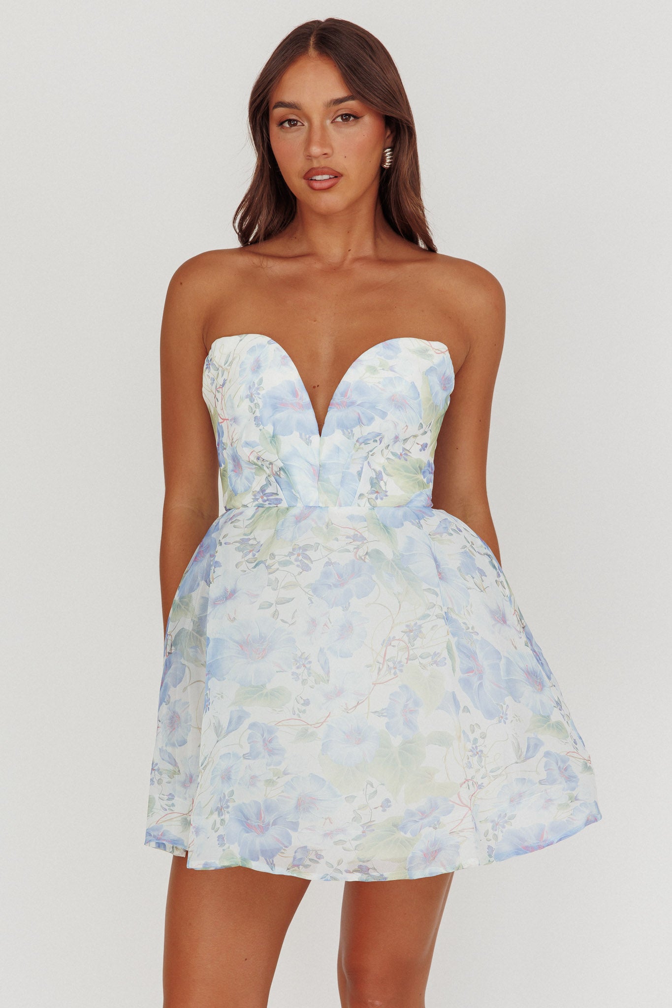 Gem Deep Sweetheart Neckline Mini Dress Floral Blue-Maymioy