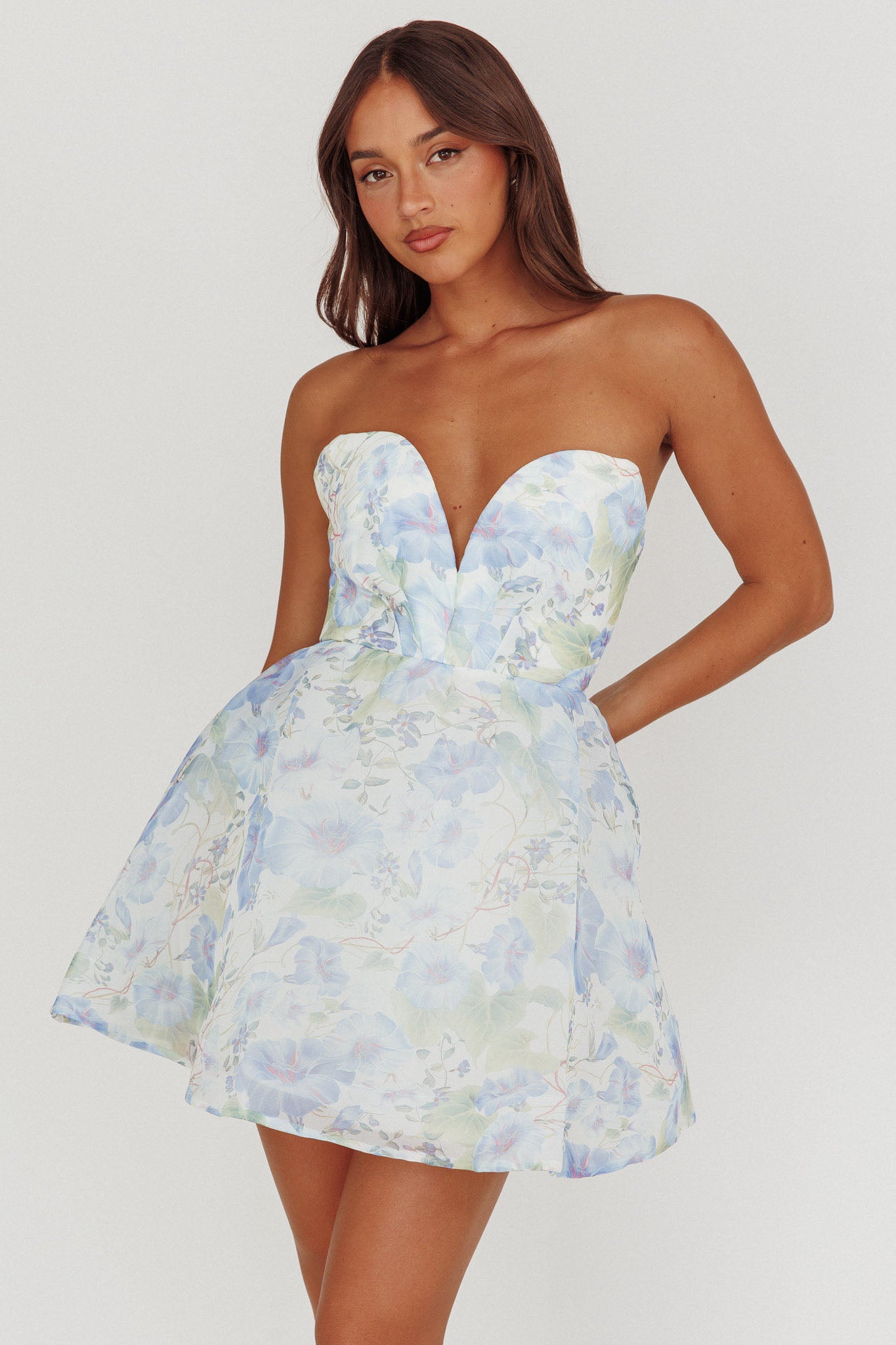 Gem Deep Sweetheart Neckline Mini Dress Floral Blue-Maymioy
