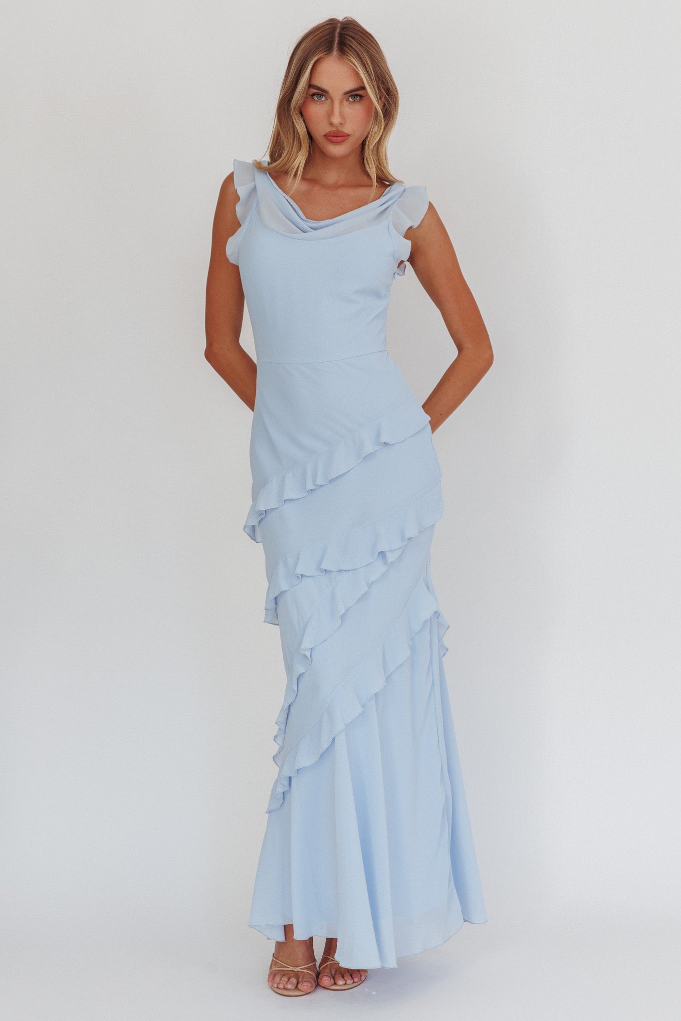 Sangria Cowl Neck Frill Maxi Dress Blue-Maymioy