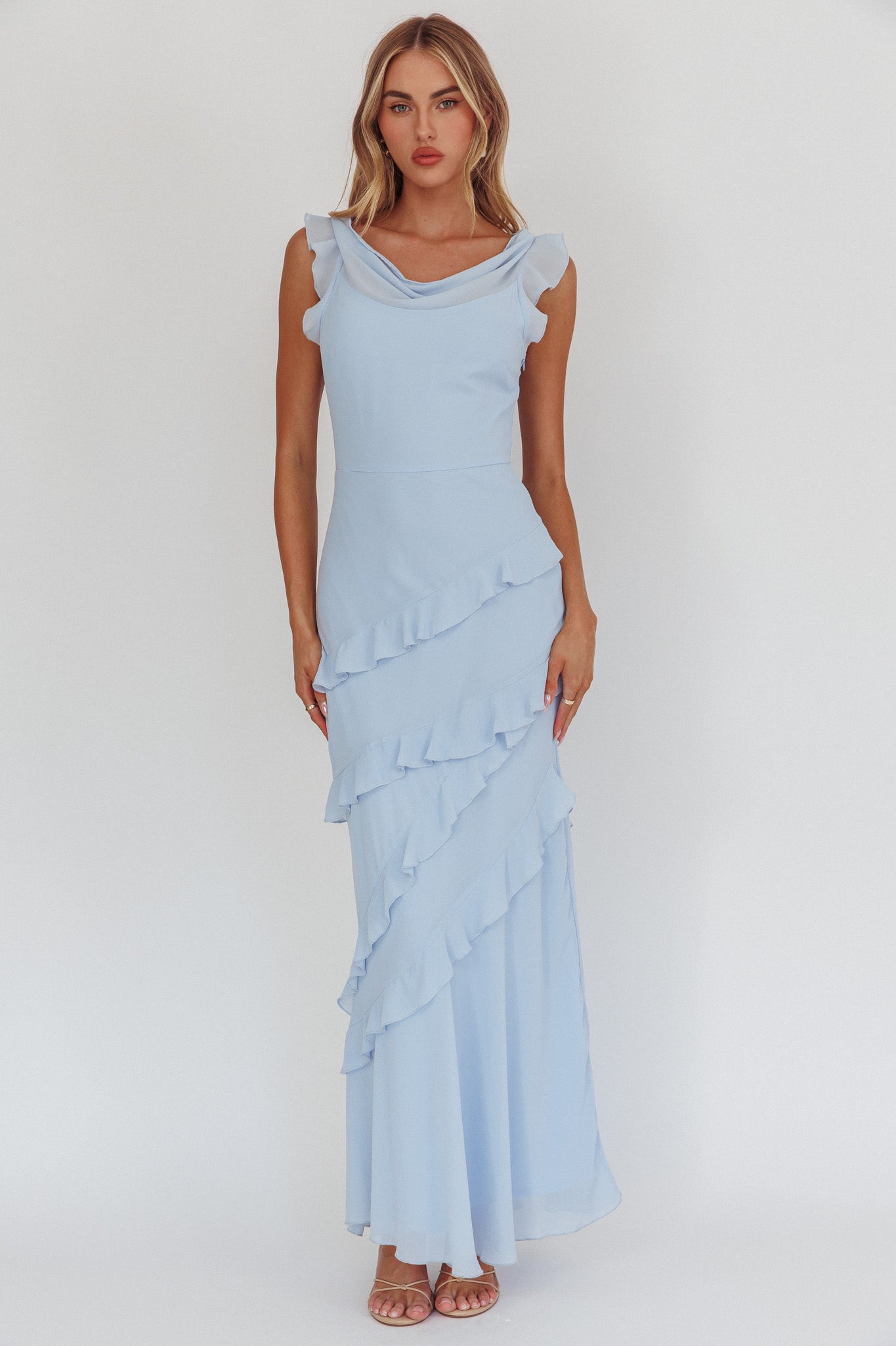 Sangria Cowl Neck Frill Maxi Dress Blue-Maymioy