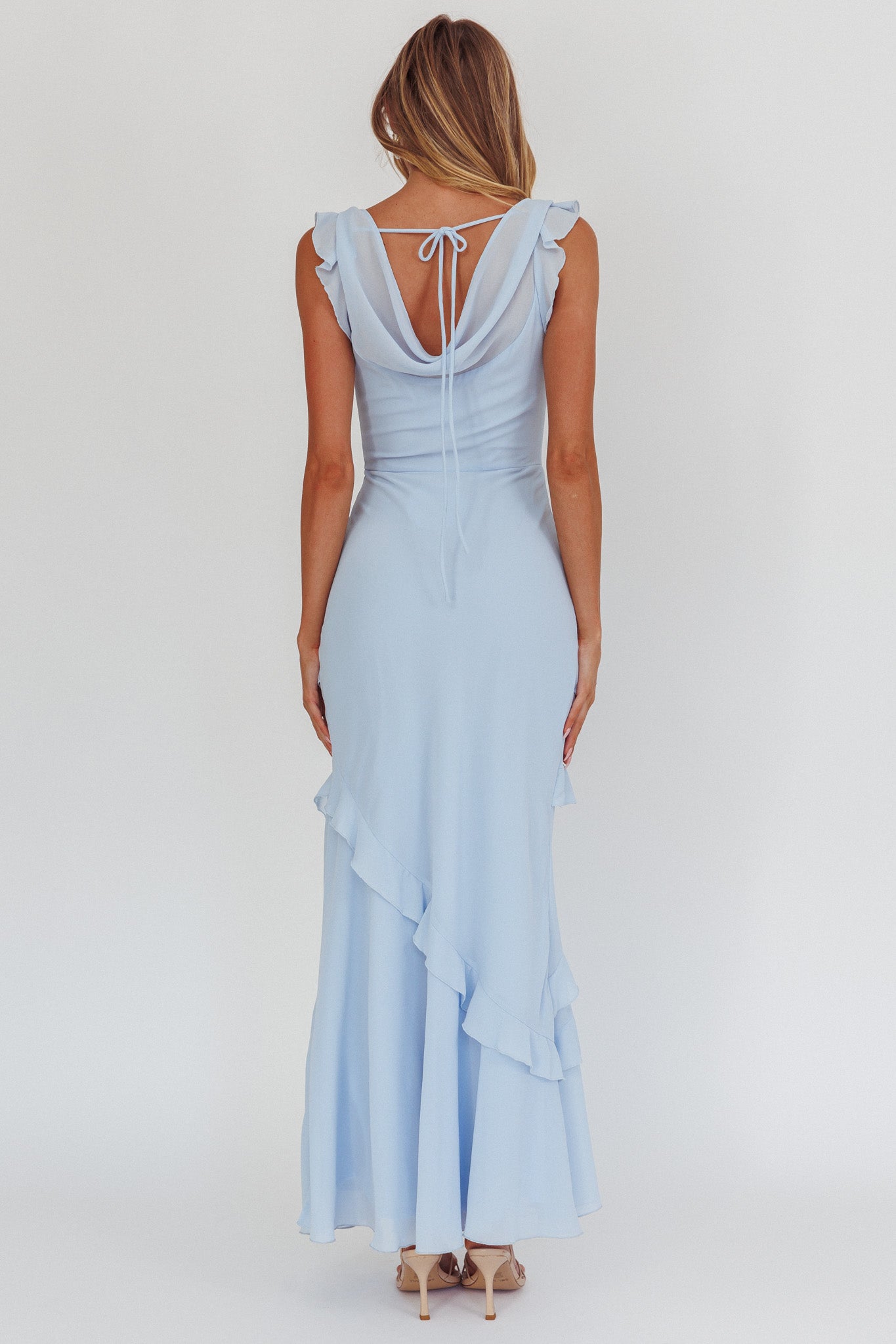 Sangria Cowl Neck Frill Maxi Dress Blue-Maymioy