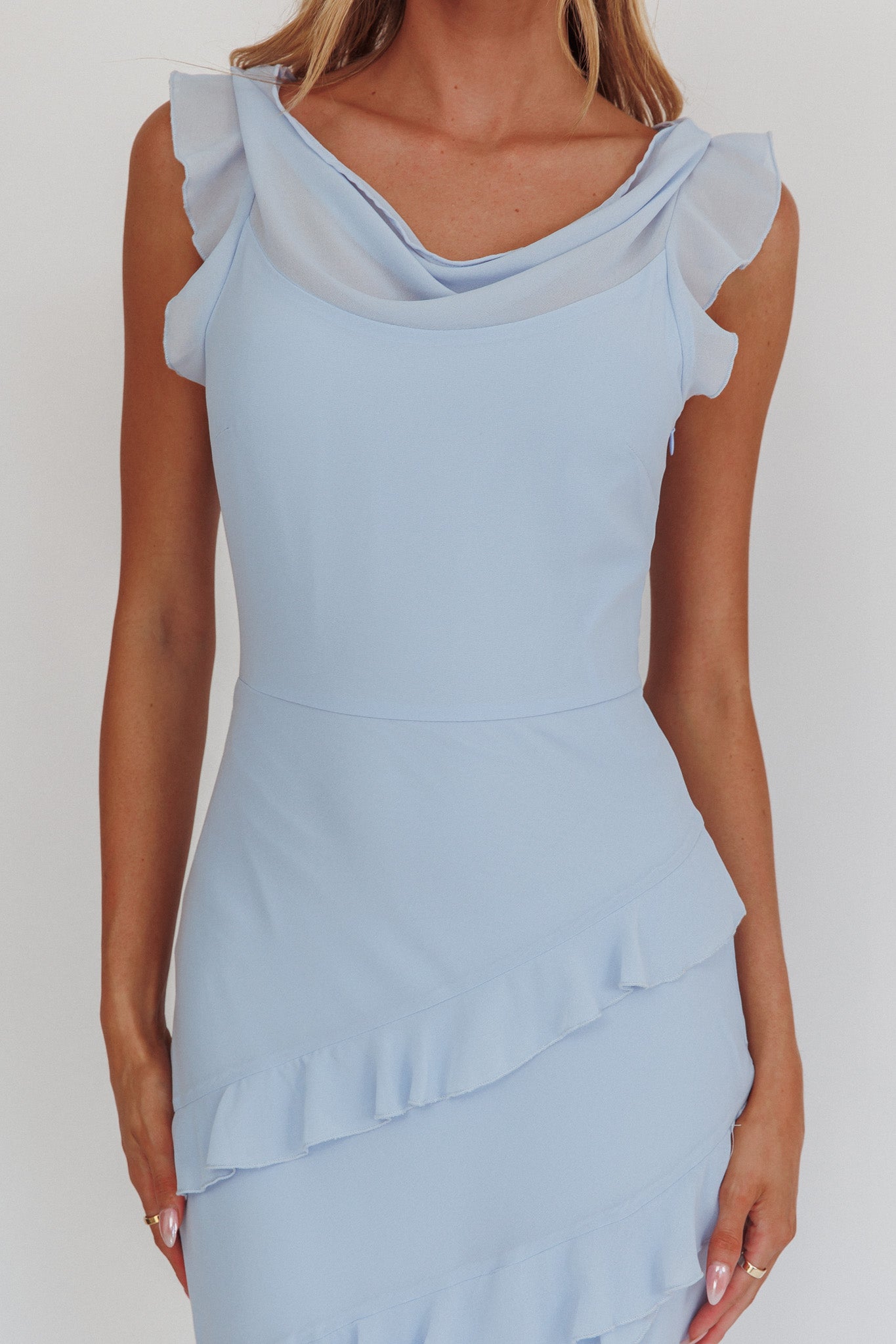 Sangria Cowl Neck Frill Maxi Dress Blue-Maymioy