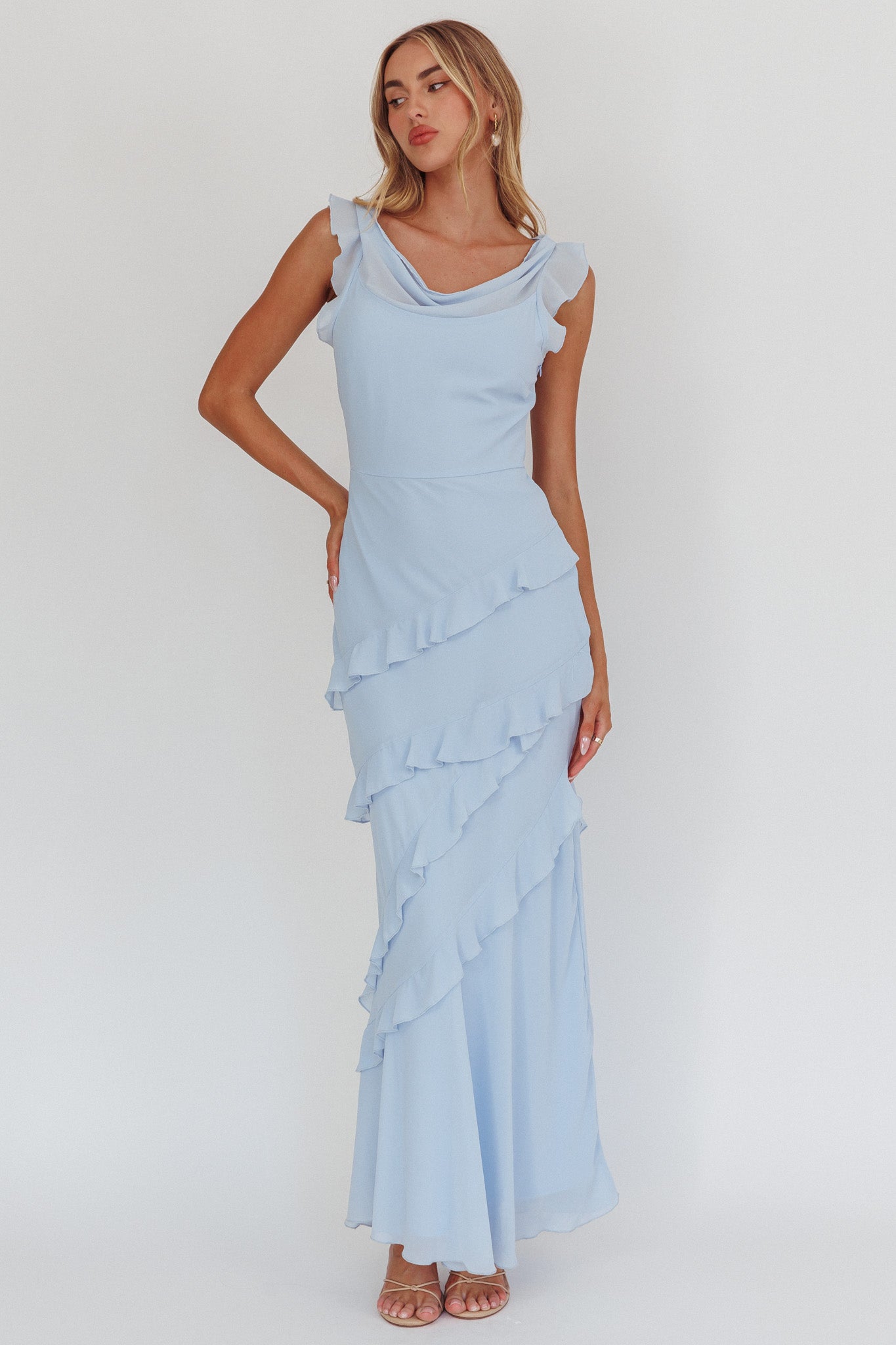 Sangria Cowl Neck Frill Maxi Dress Blue-Maymioy