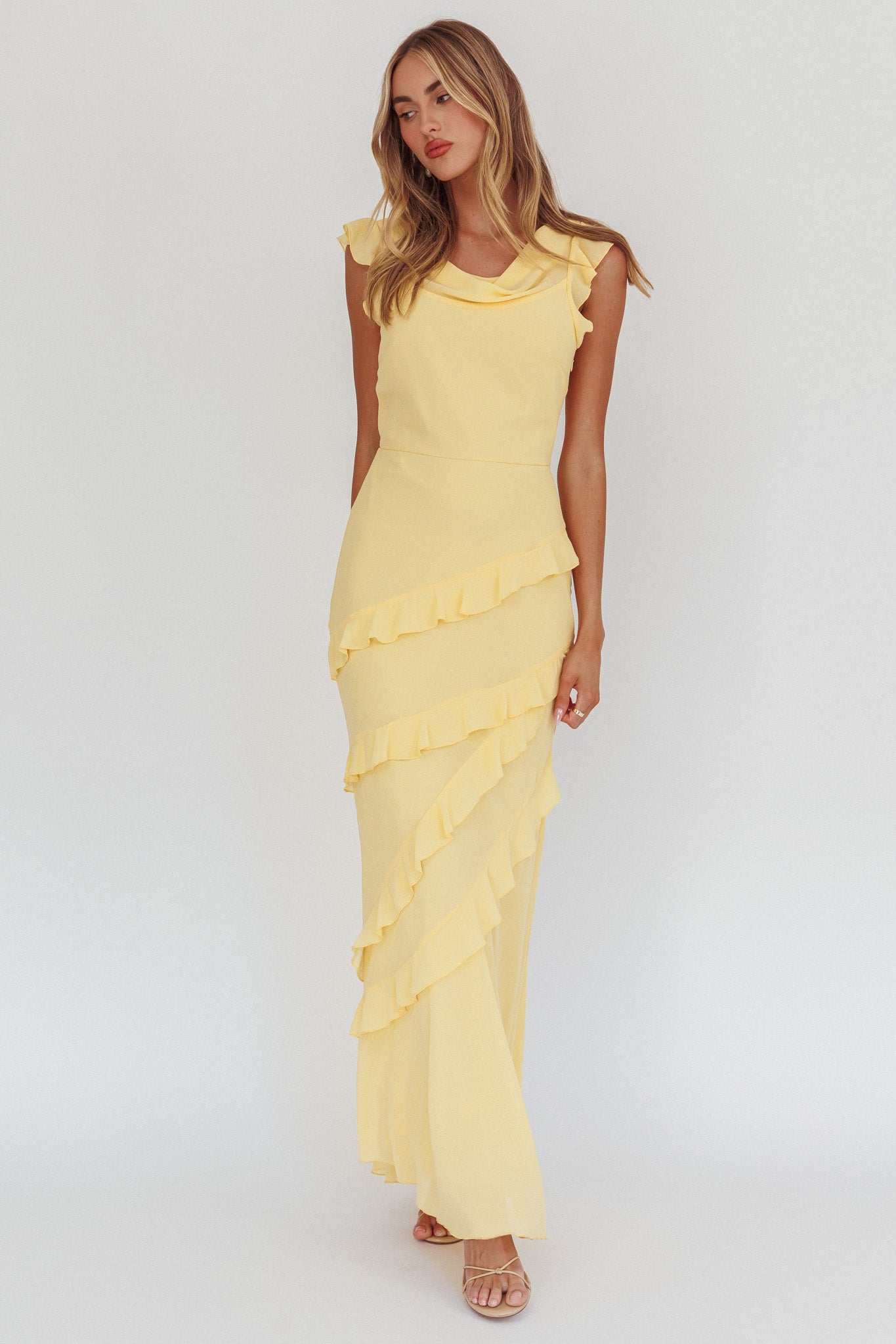 Sangria Cowl Neck Frill Maxi Dress Lemon-Maymioy