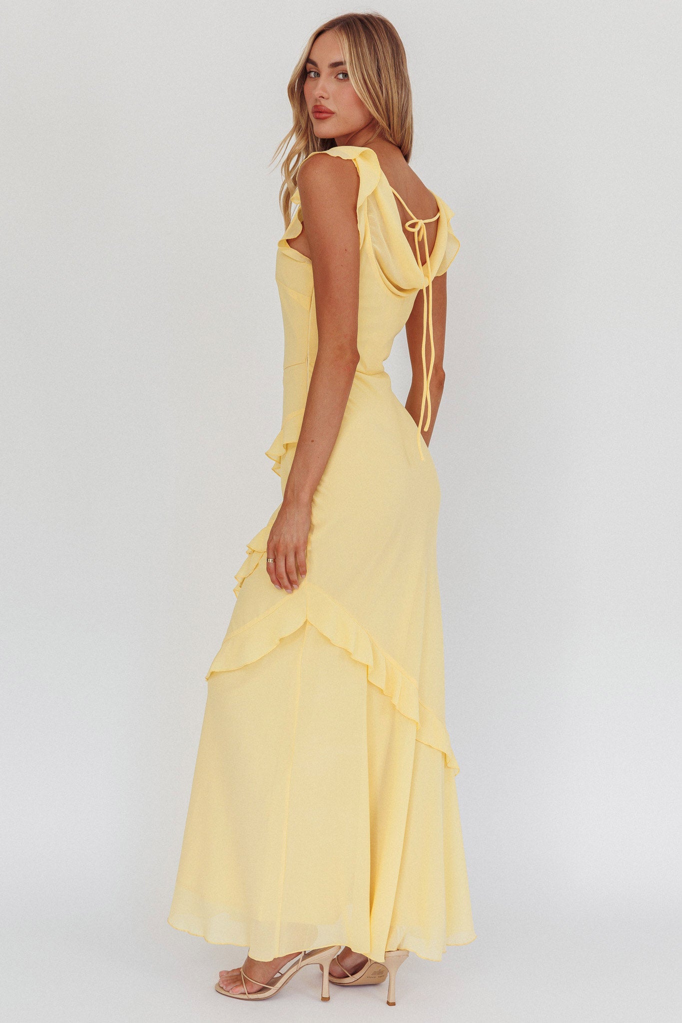 Sangria Cowl Neck Frill Maxi Dress Lemon-Maymioy