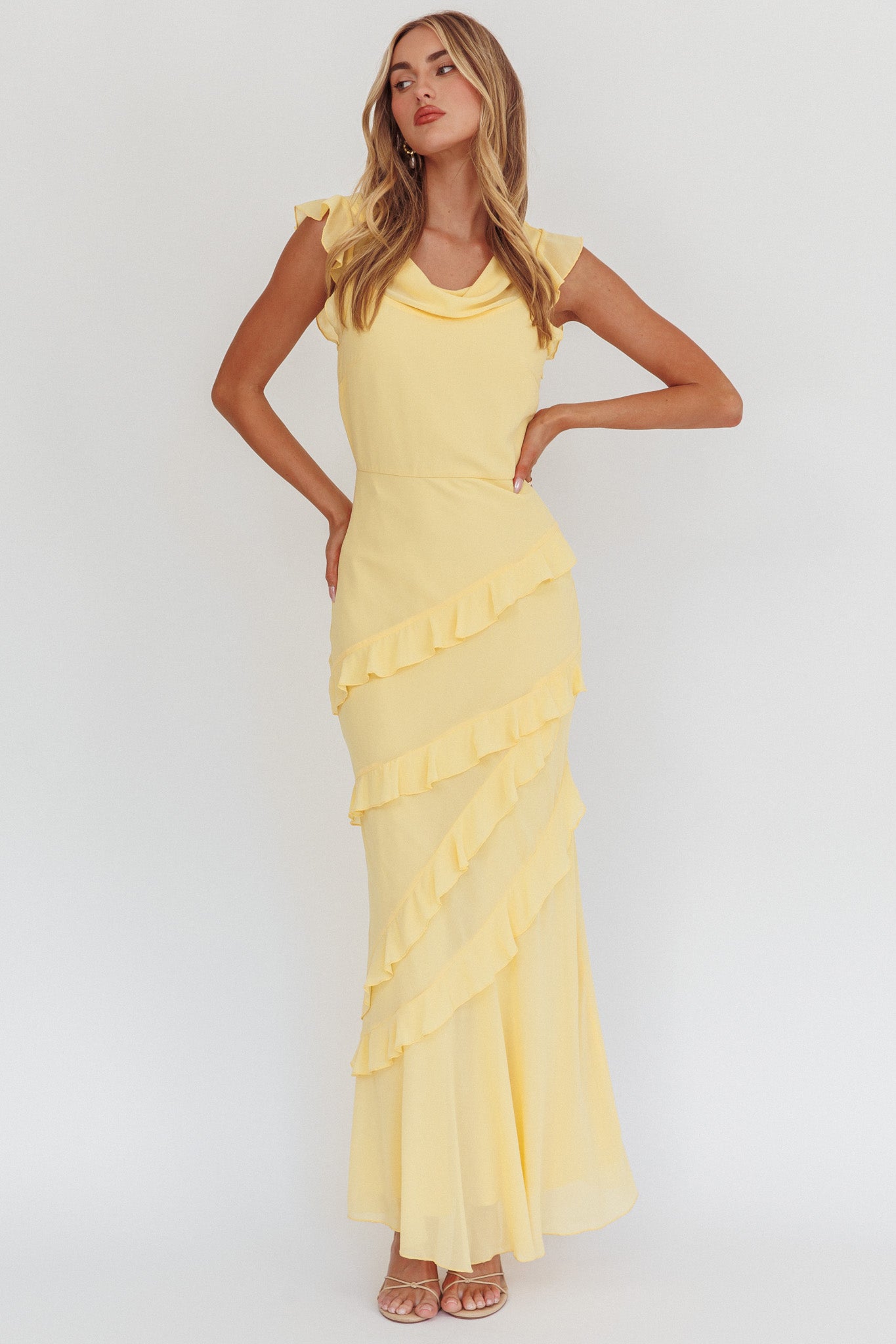 Sangria Cowl Neck Frill Maxi Dress Lemon-Maymioy