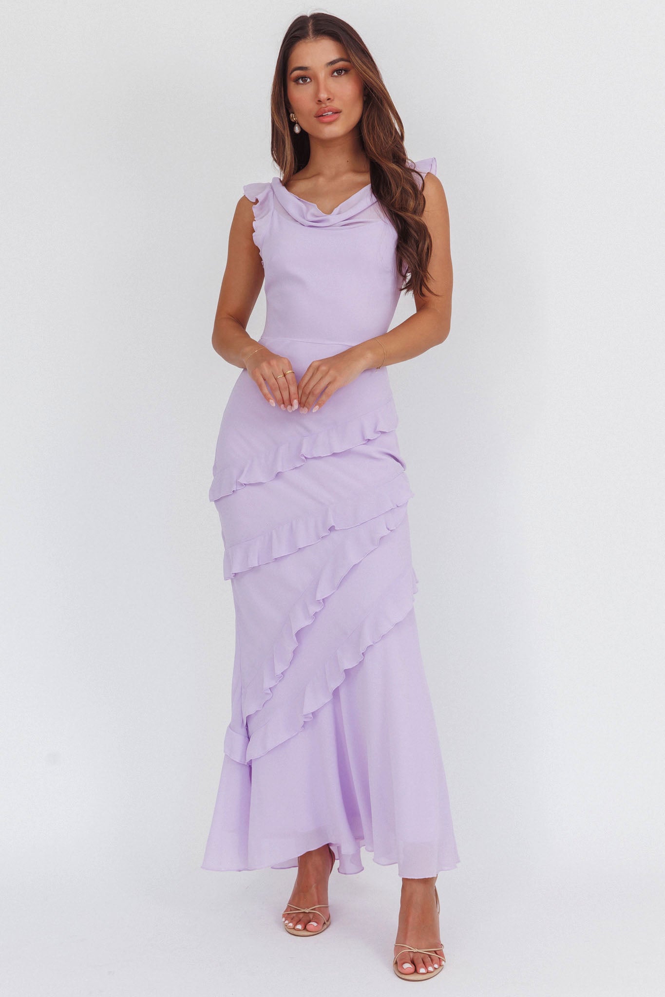 Sangria Cowl Neck Frill Maxi Dress Lilac-Maymioy