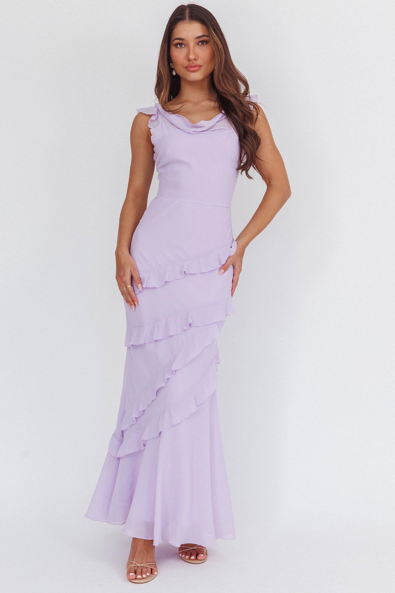 Sangria Cowl Neck Frill Maxi Dress Lilac-Maymioy