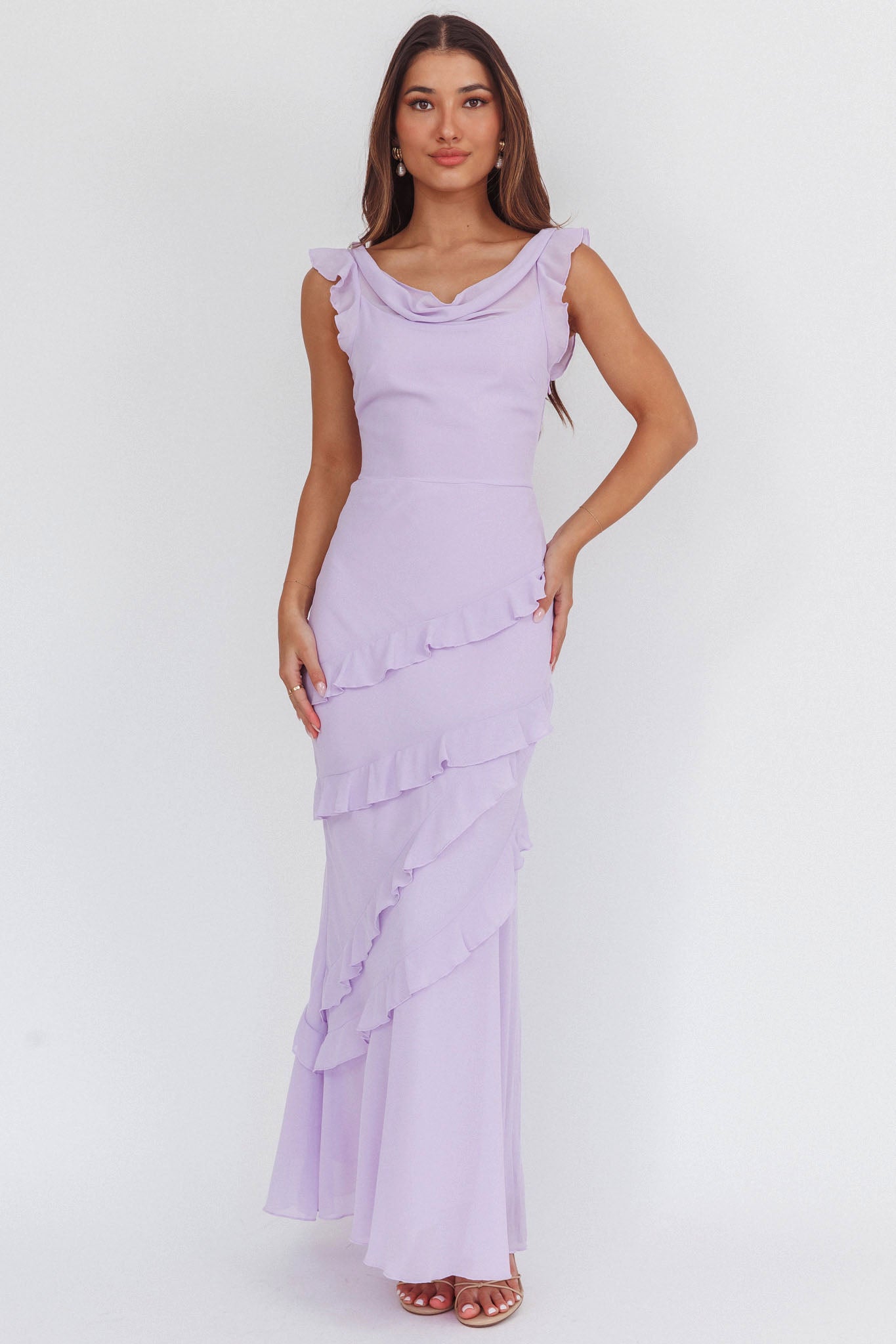 Sangria Cowl Neck Frill Maxi Dress Lilac-Maymioy