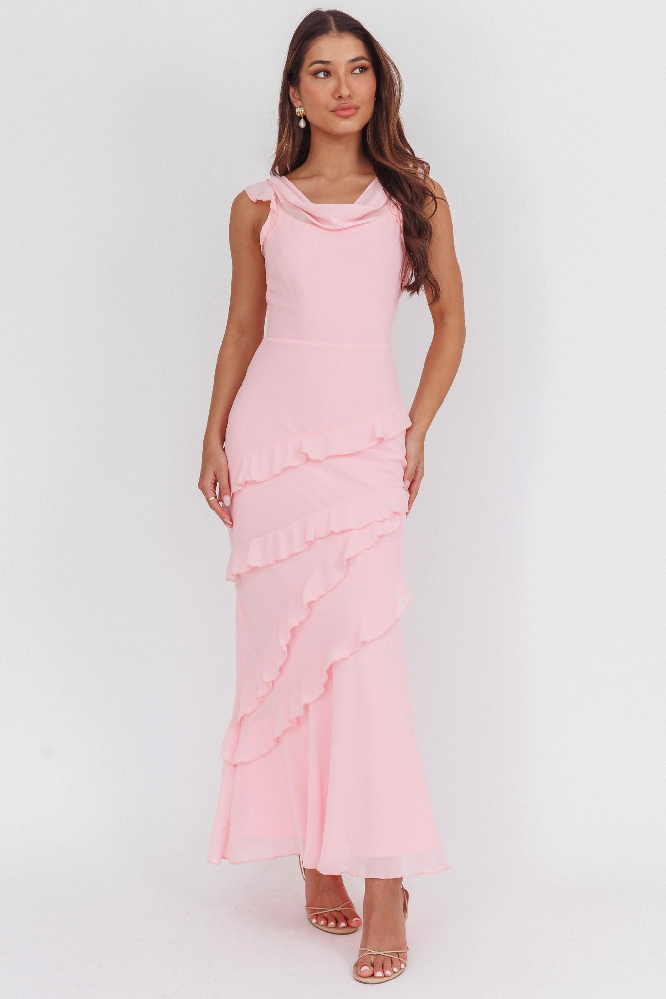 Sangria Cowl Neck Frill Maxi Dress Skin Powder-Maymioy