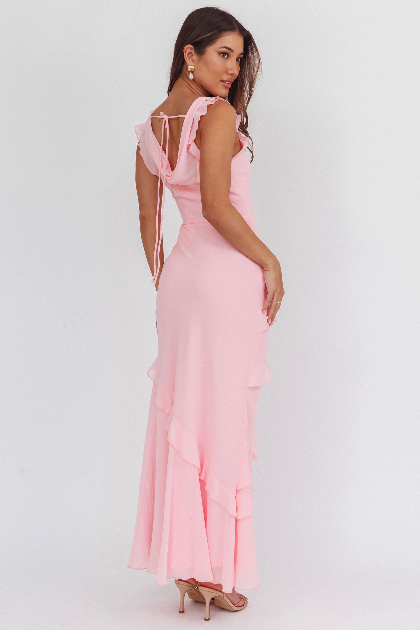 Sangria Cowl Neck Frill Maxi Dress Skin Powder-Maymioy