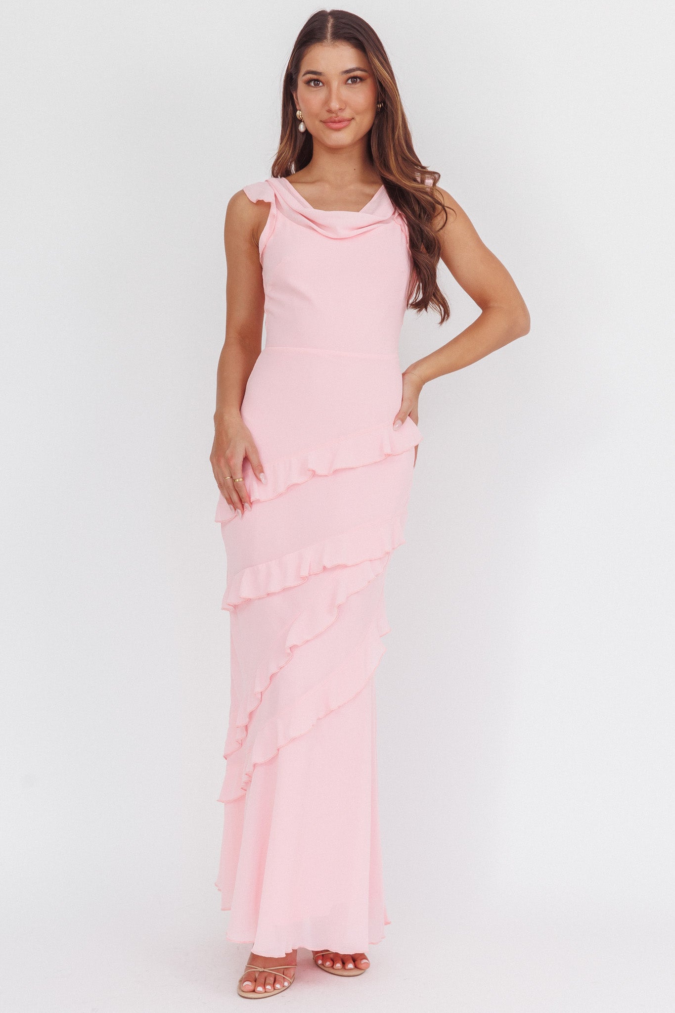 Sangria Cowl Neck Frill Maxi Dress Skin Powder-Maymioy