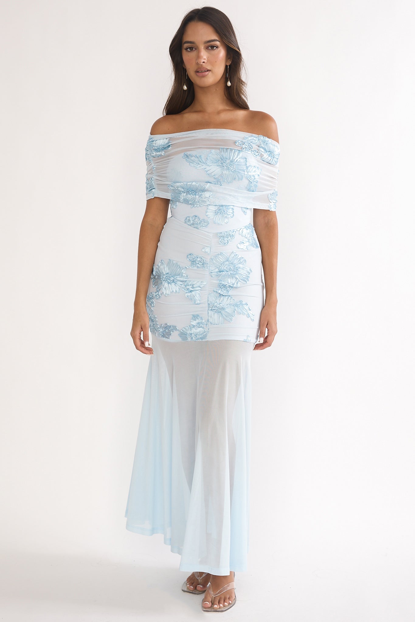 Clarita Sheer Ruched Maxi Dress Embellished Blue-Maymioy