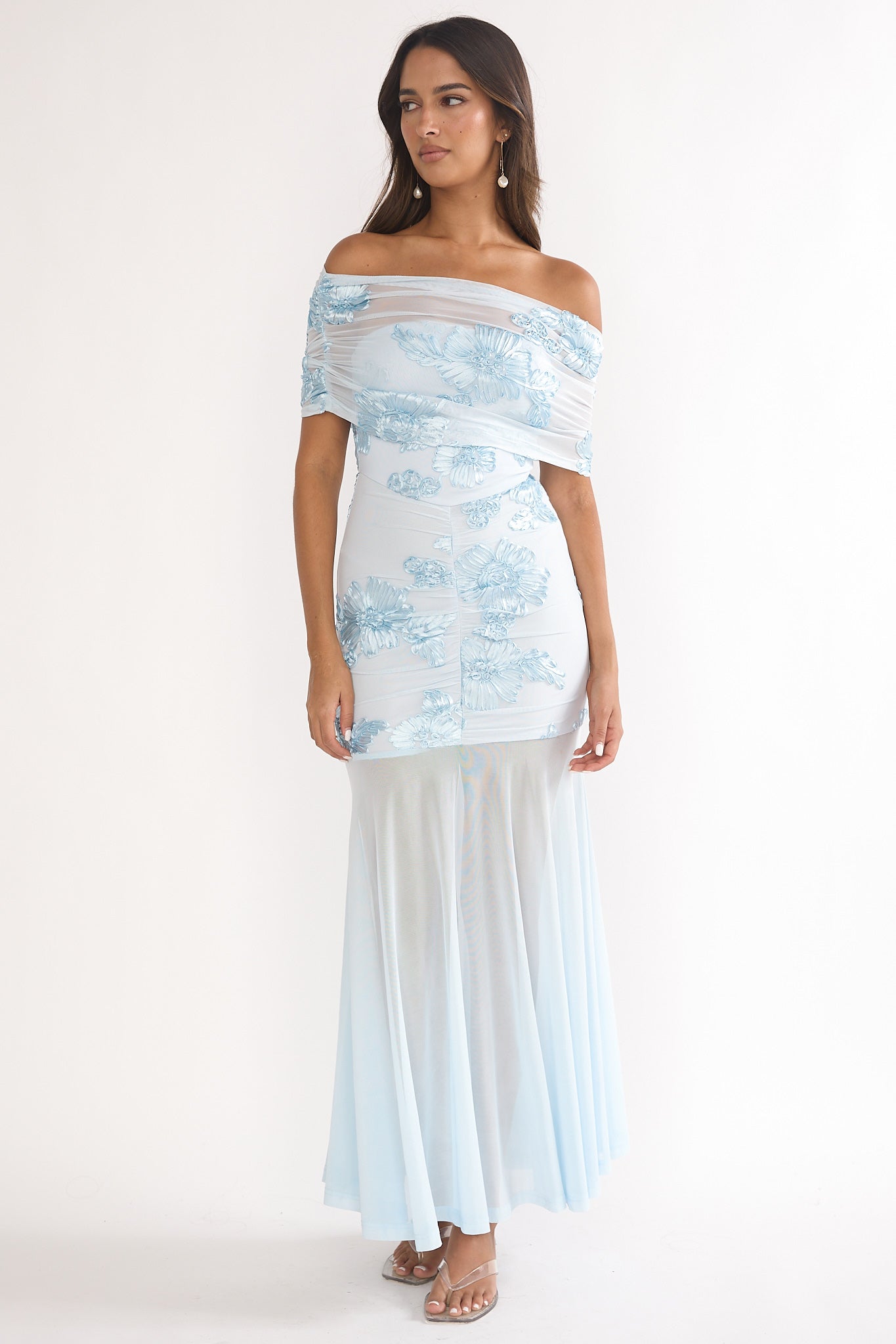 Clarita Sheer Ruched Maxi Dress Embellished Blue-Maymioy
