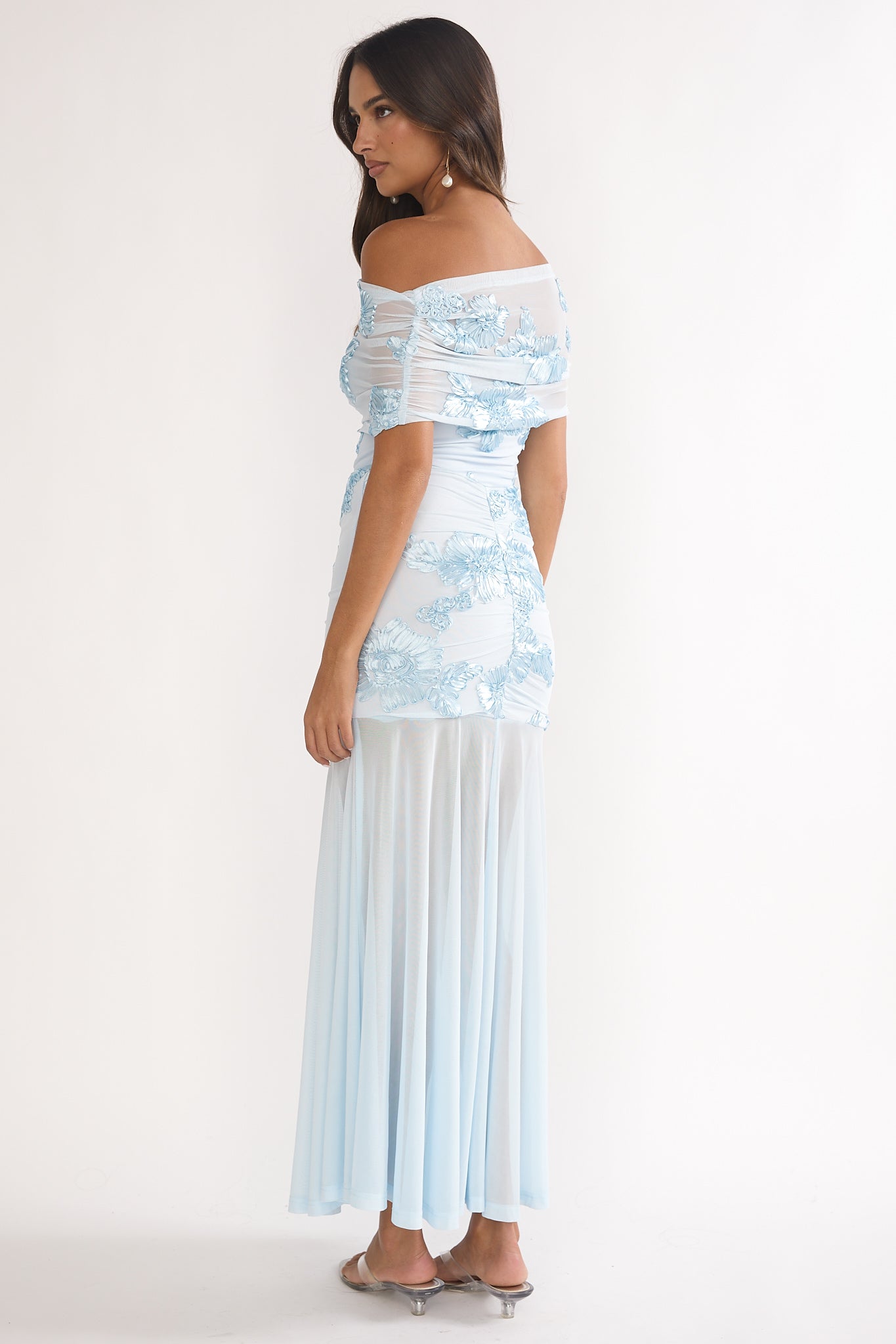 Clarita Sheer Ruched Maxi Dress Embellished Blue-Maymioy