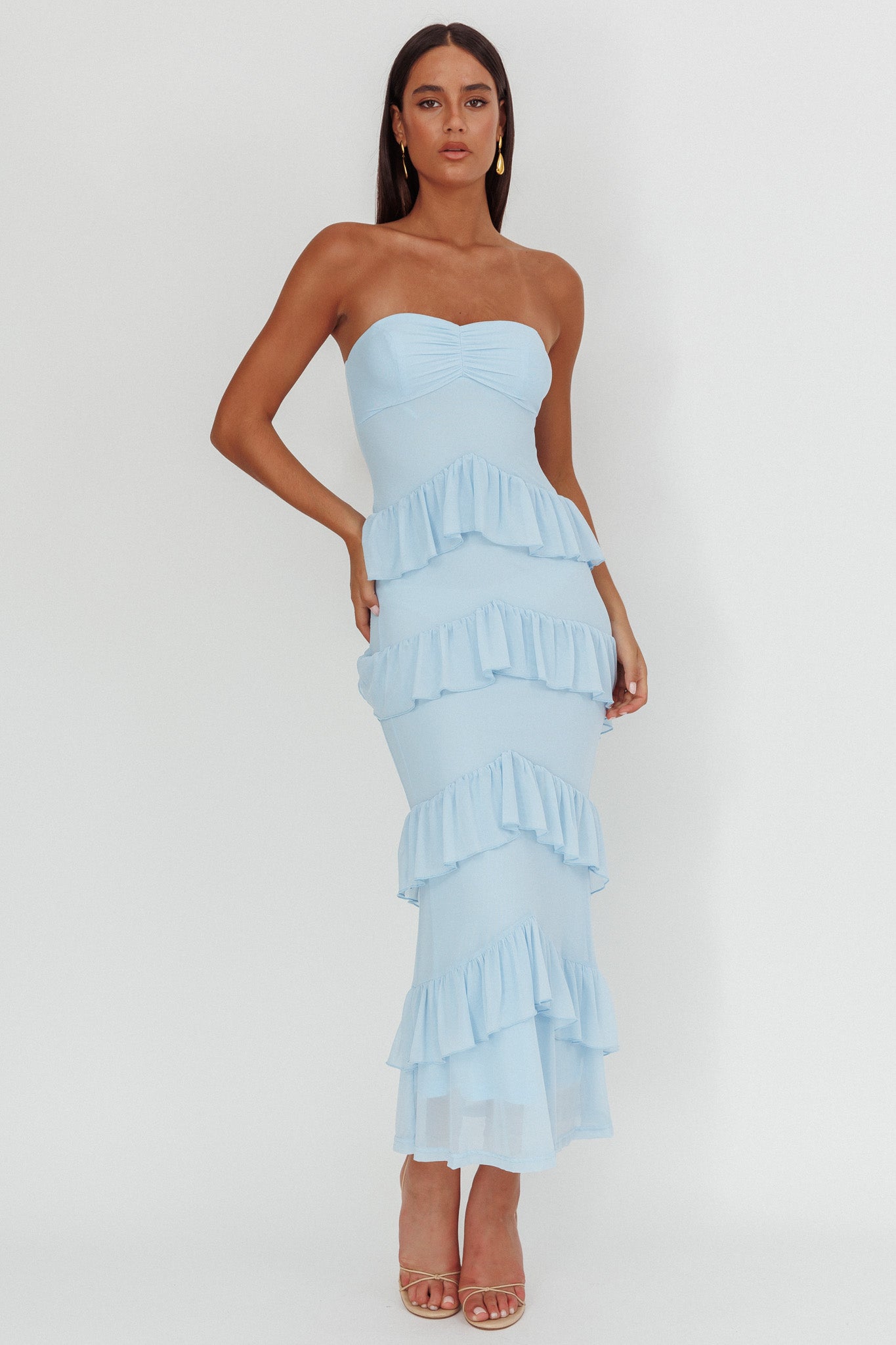 Dulce Dreams Sweetheart Neckline Frill Maxi Dress Blue-Maymioy