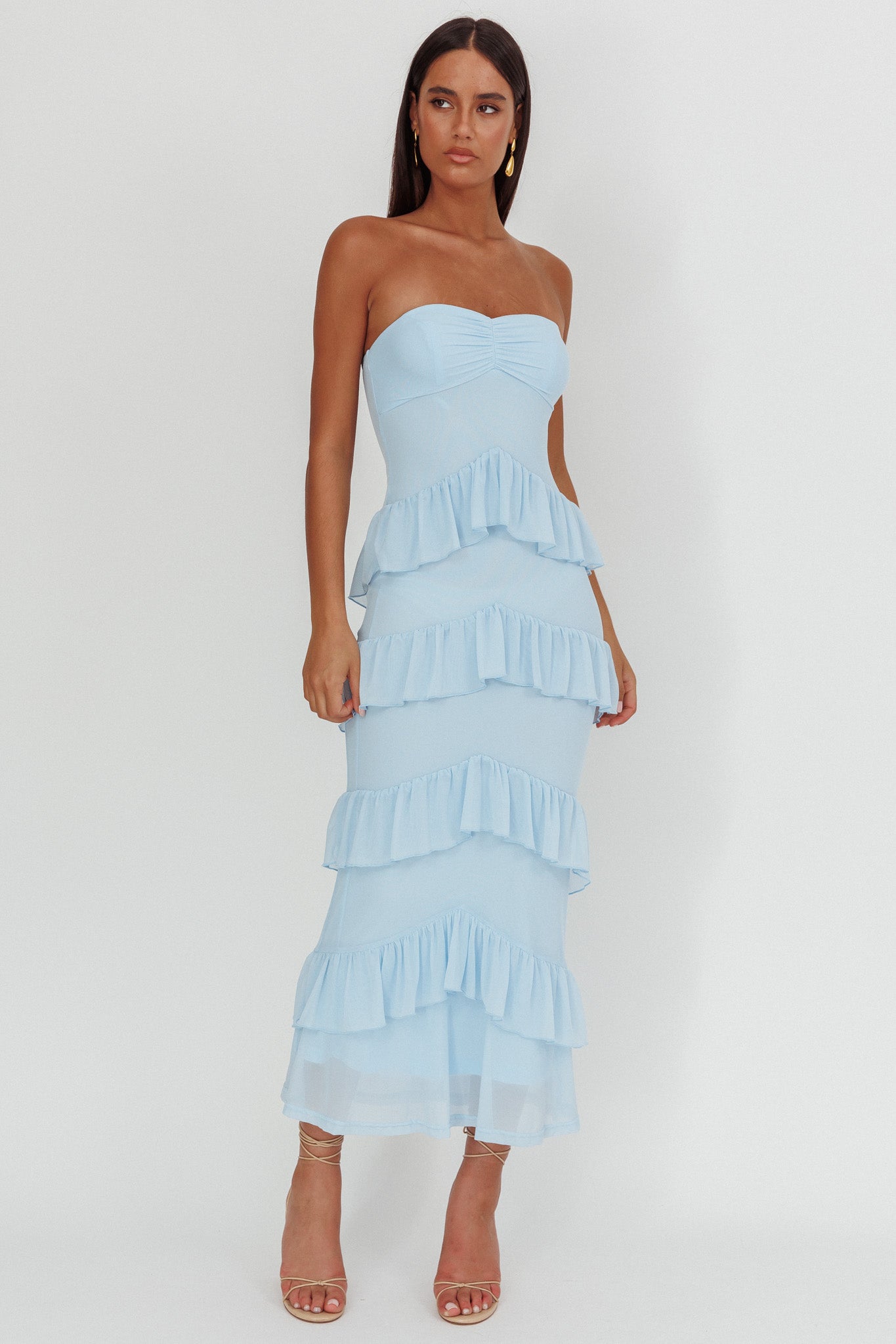Dulce Dreams Sweetheart Neckline Frill Maxi Dress Blue-Maymioy