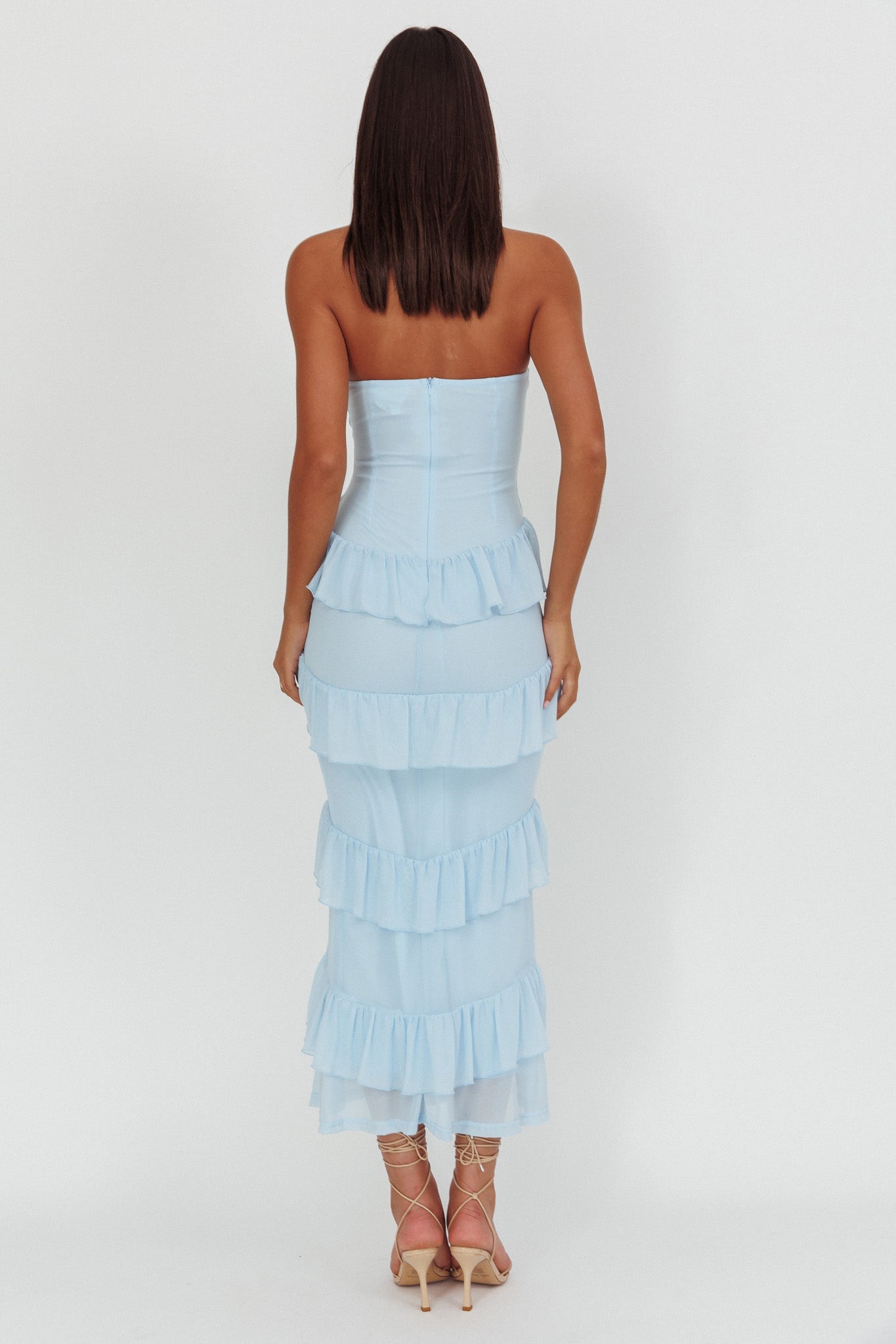 Dulce Dreams Sweetheart Neckline Frill Maxi Dress Blue-Maymioy