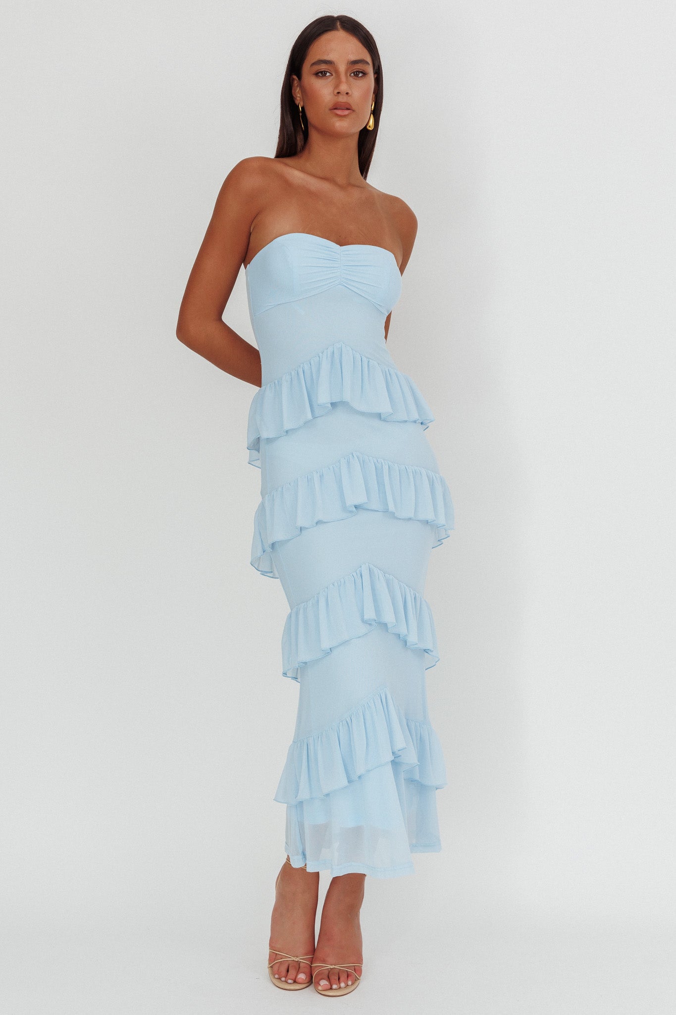 Dulce Dreams Sweetheart Neckline Frill Maxi Dress Blue-Maymioy