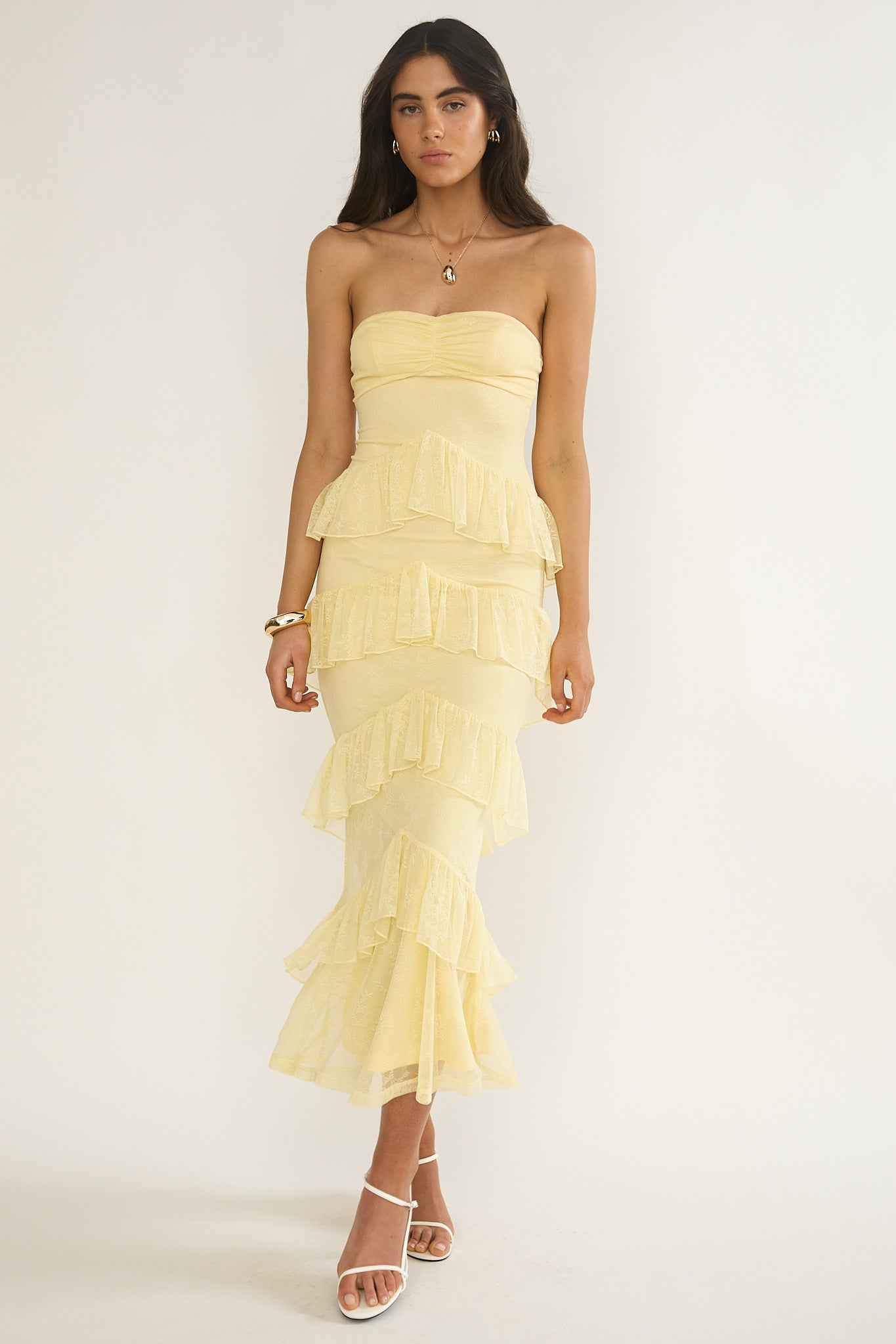 Dulce Dreams Sweetheart Neckline Lace Frill Maxi Dress Butter-Maymioy