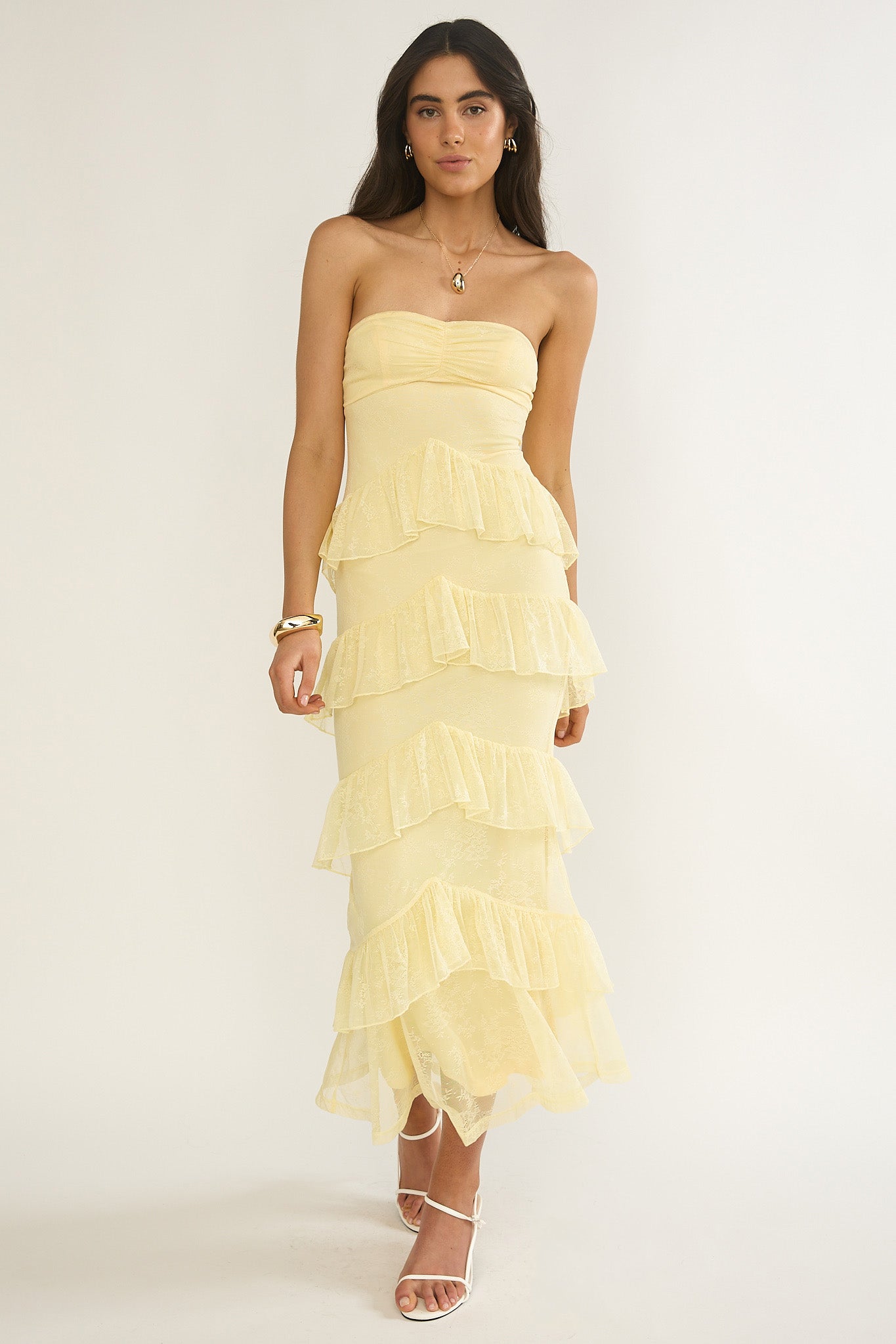 Dulce Dreams Sweetheart Neckline Lace Frill Maxi Dress Butter-Maymioy