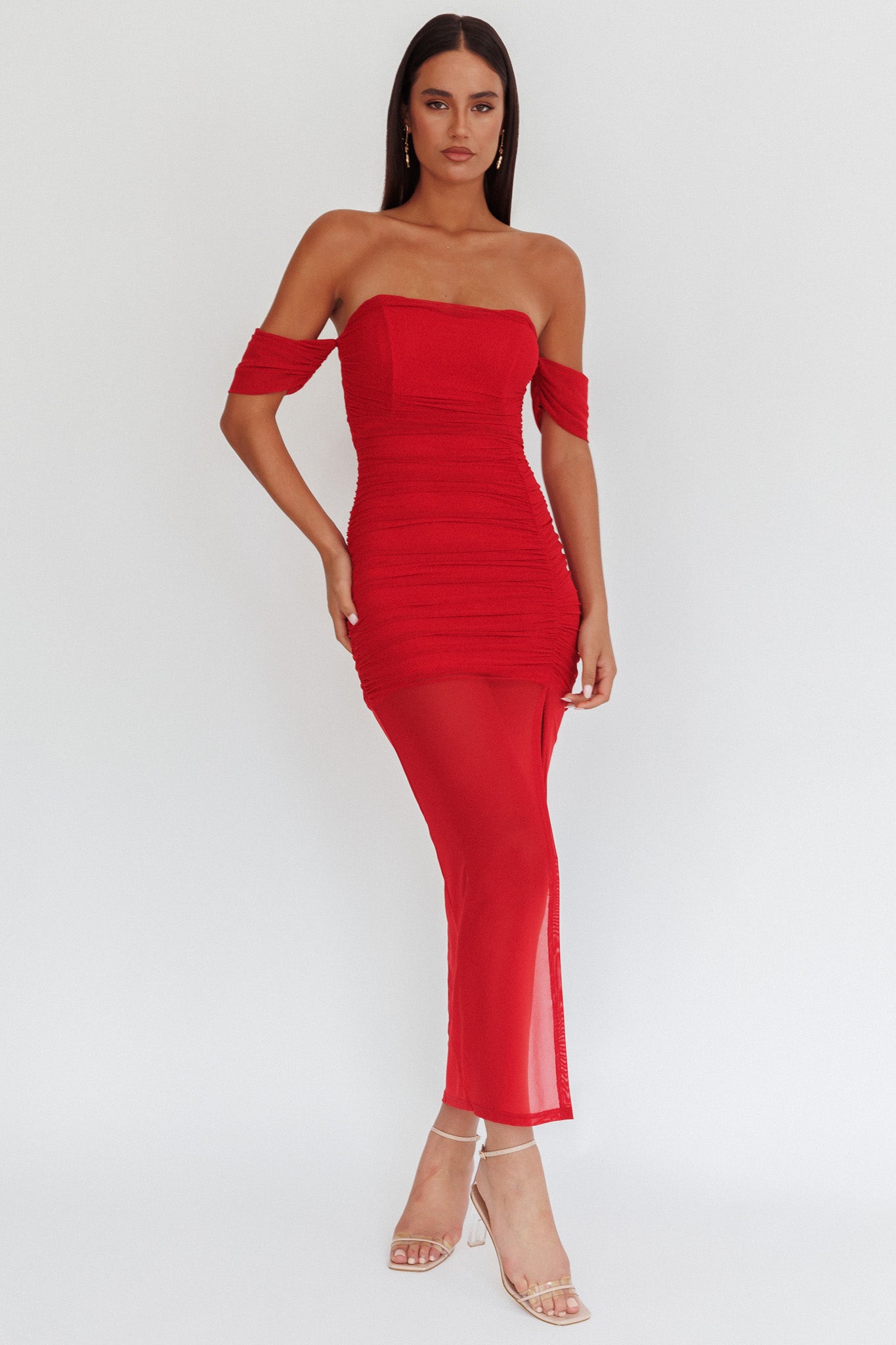 Melonie Off-Shoulder Mesh Maxi Dress Red-Maymioy