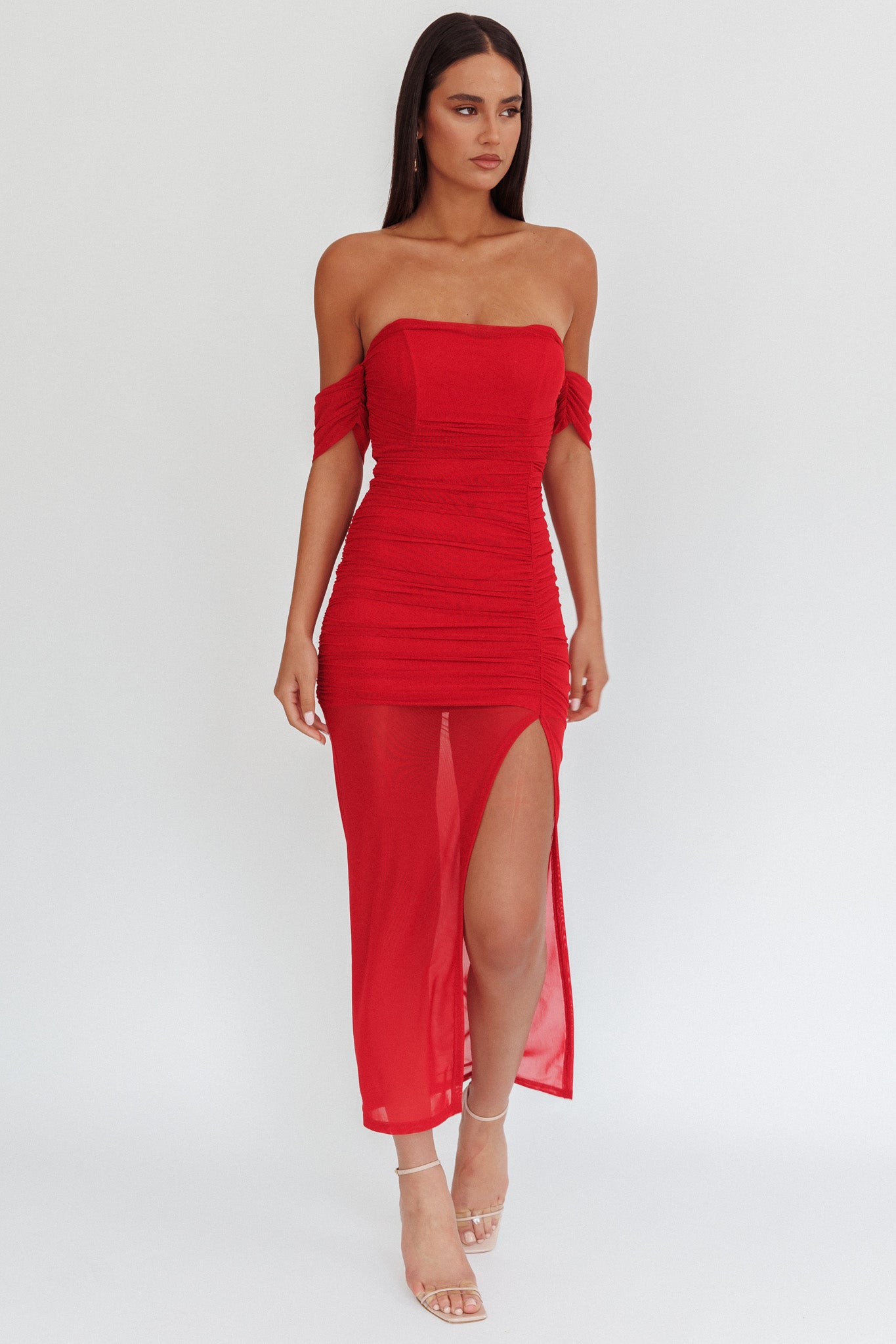 Melonie Off-Shoulder Mesh Maxi Dress Red-Maymioy