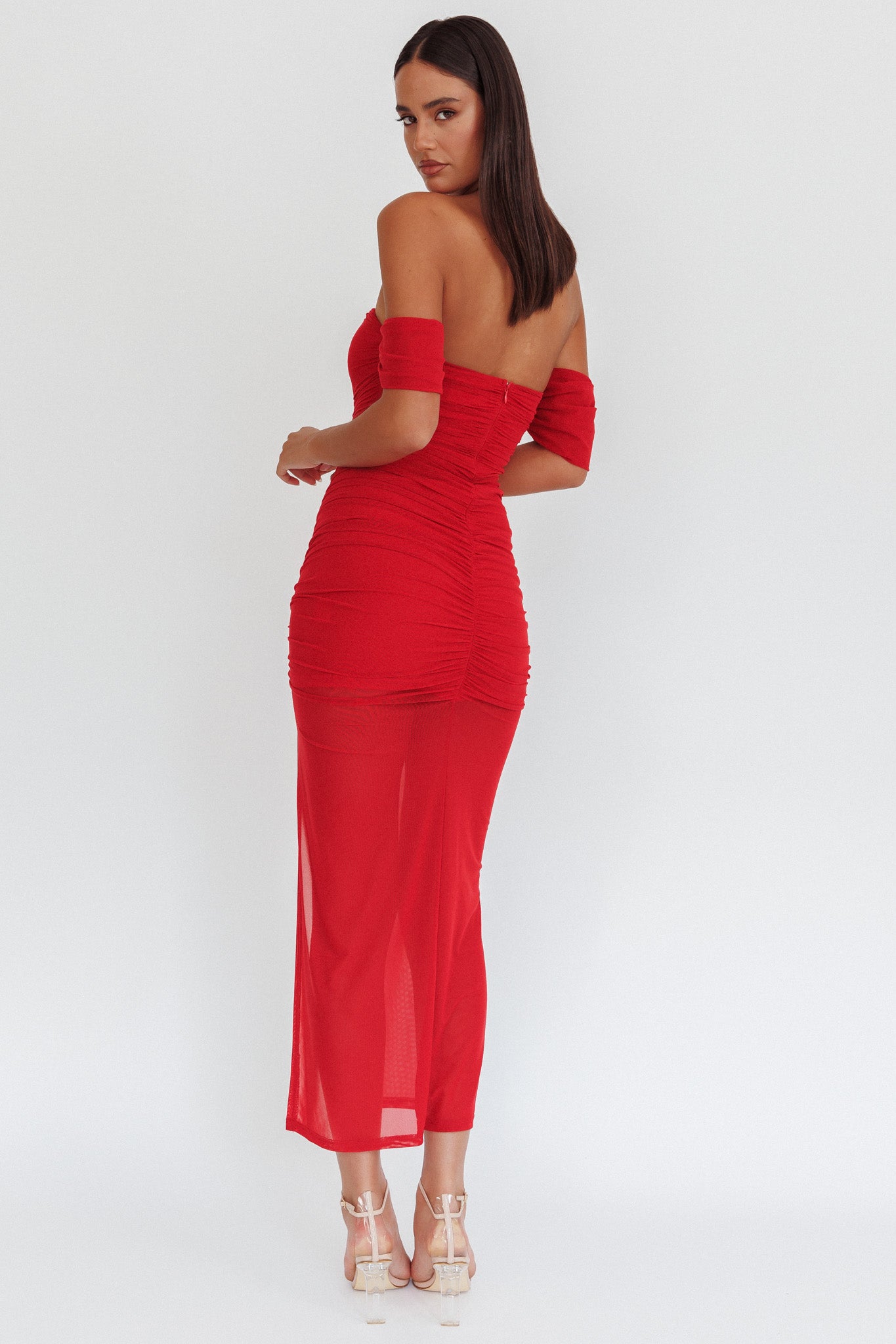 Melonie Off-Shoulder Mesh Maxi Dress Red-Maymioy