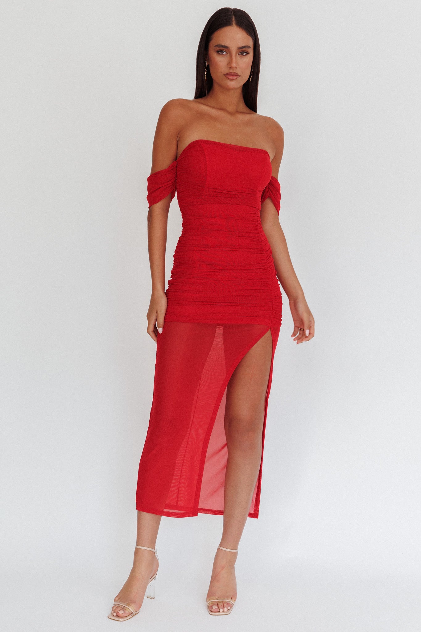 Melonie Off-Shoulder Mesh Maxi Dress Red-Maymioy