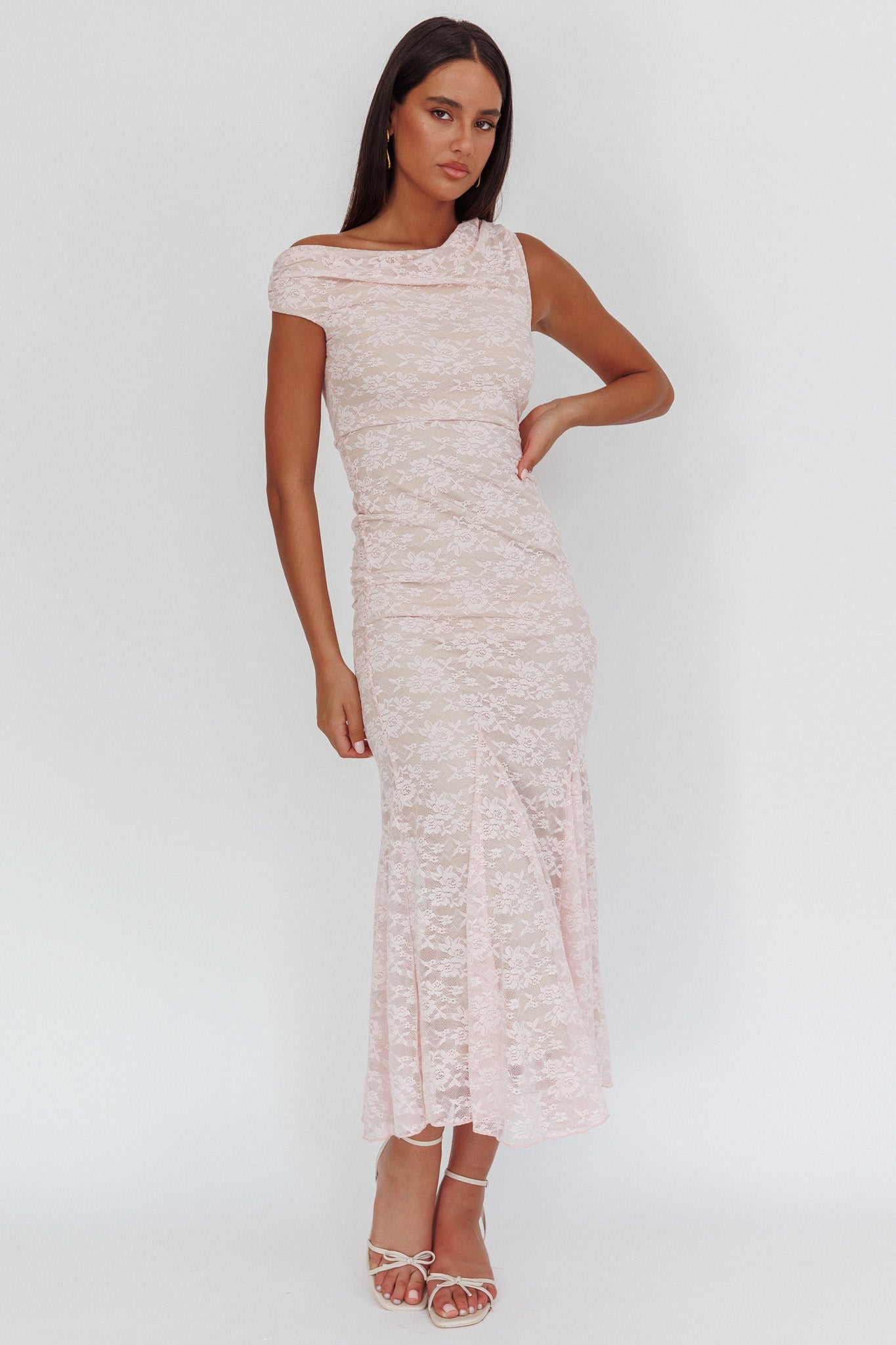 Diana Asymmetric Shoulder Godet Maxi Dress Lace Pink-Maymioy