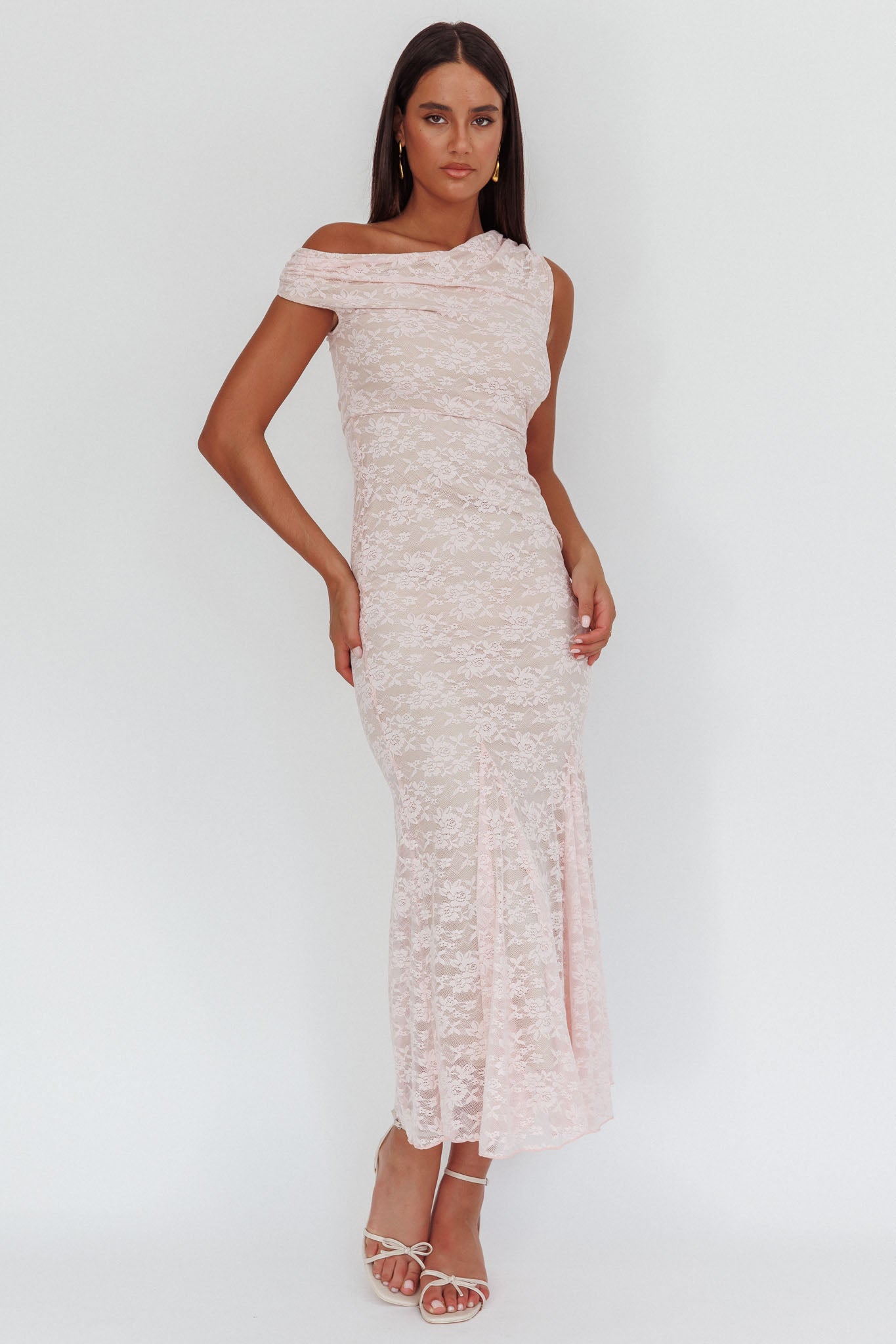 Diana Asymmetric Shoulder Godet Maxi Dress Lace Pink-Maymioy