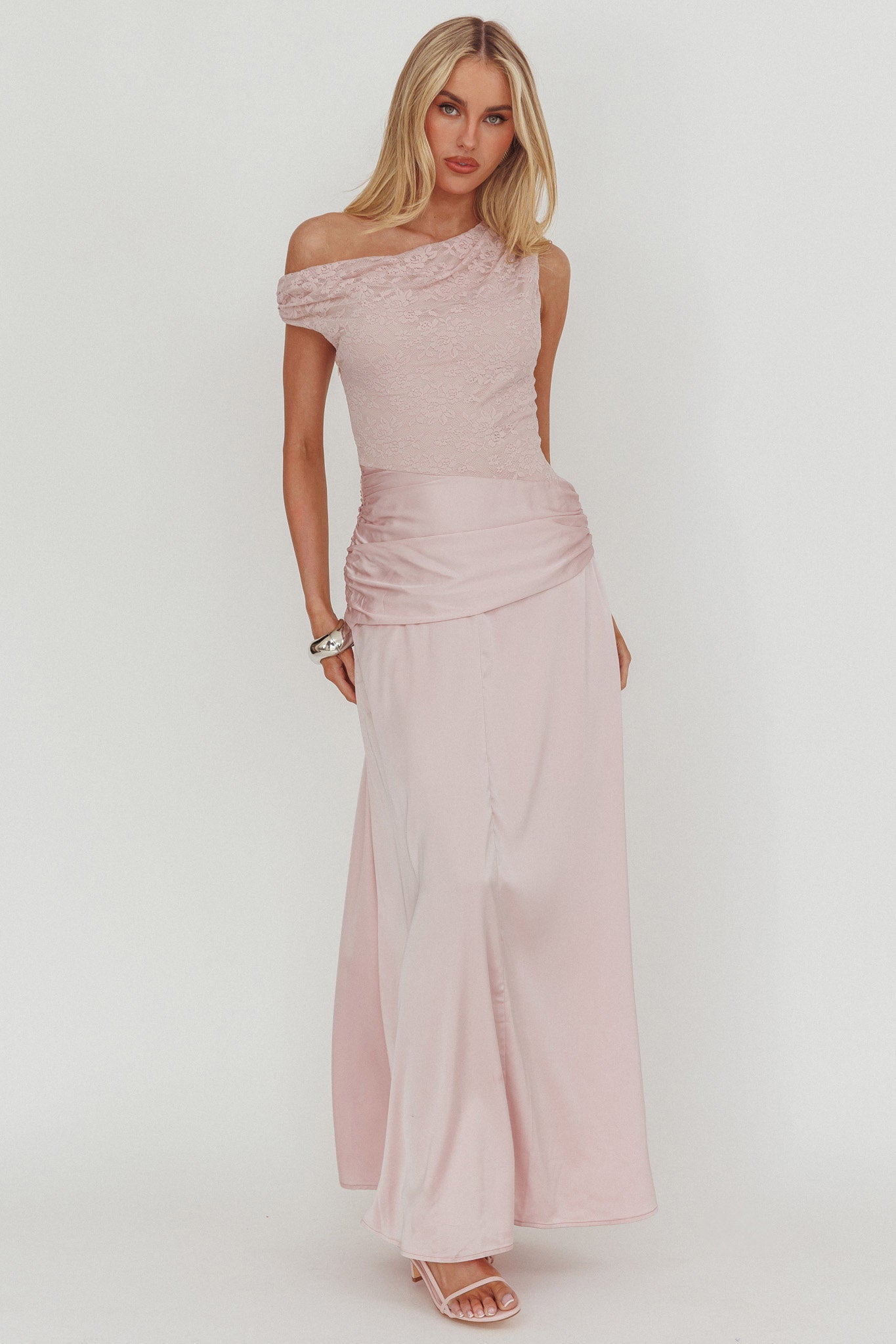 Diana Asymmetric Shoulder Pleat Waist Maxi Dress Blush-Maymioy