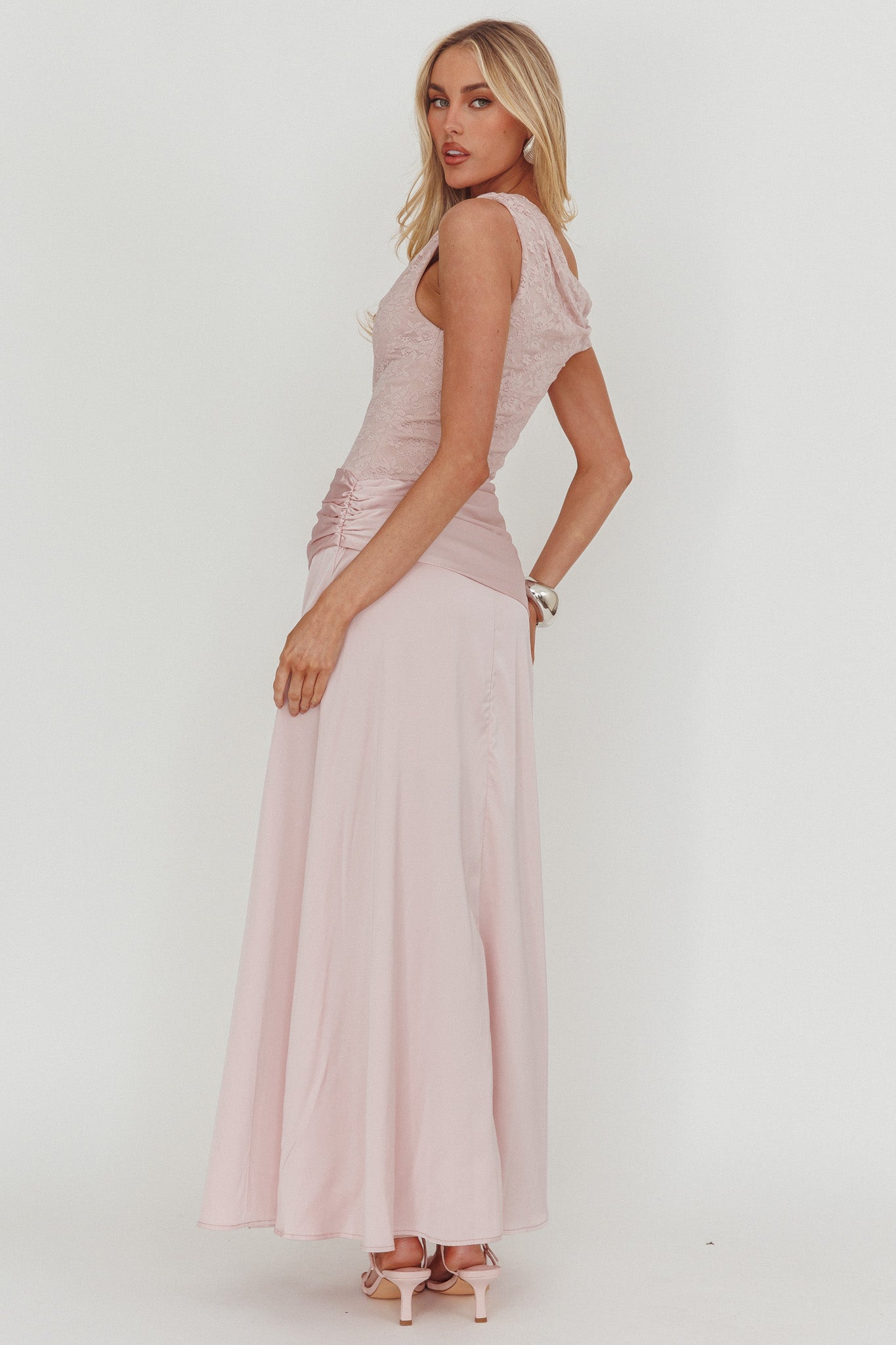 Diana Asymmetric Shoulder Pleat Waist Maxi Dress Blush-Maymioy