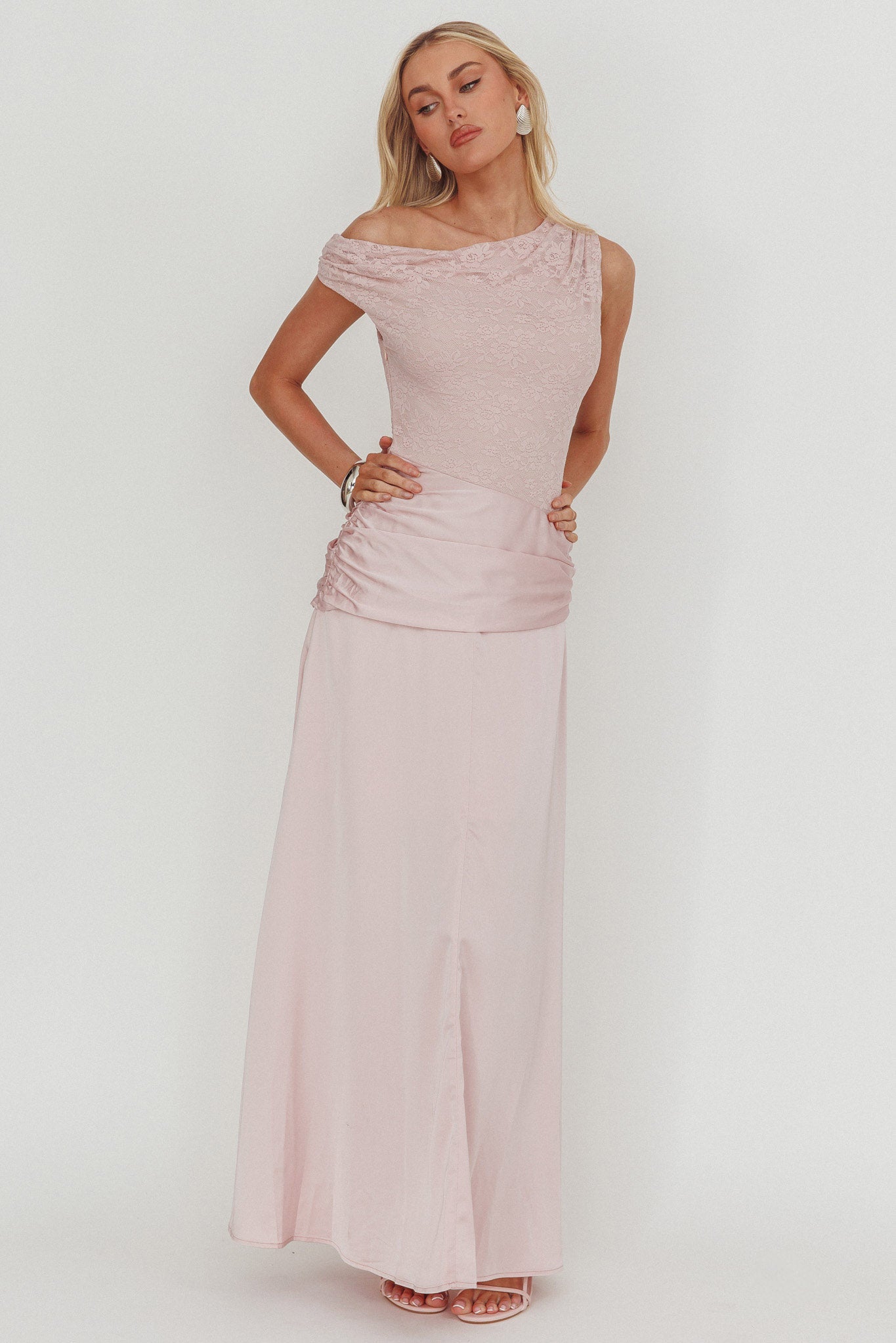 Diana Asymmetric Shoulder Pleat Waist Maxi Dress Blush-Maymioy