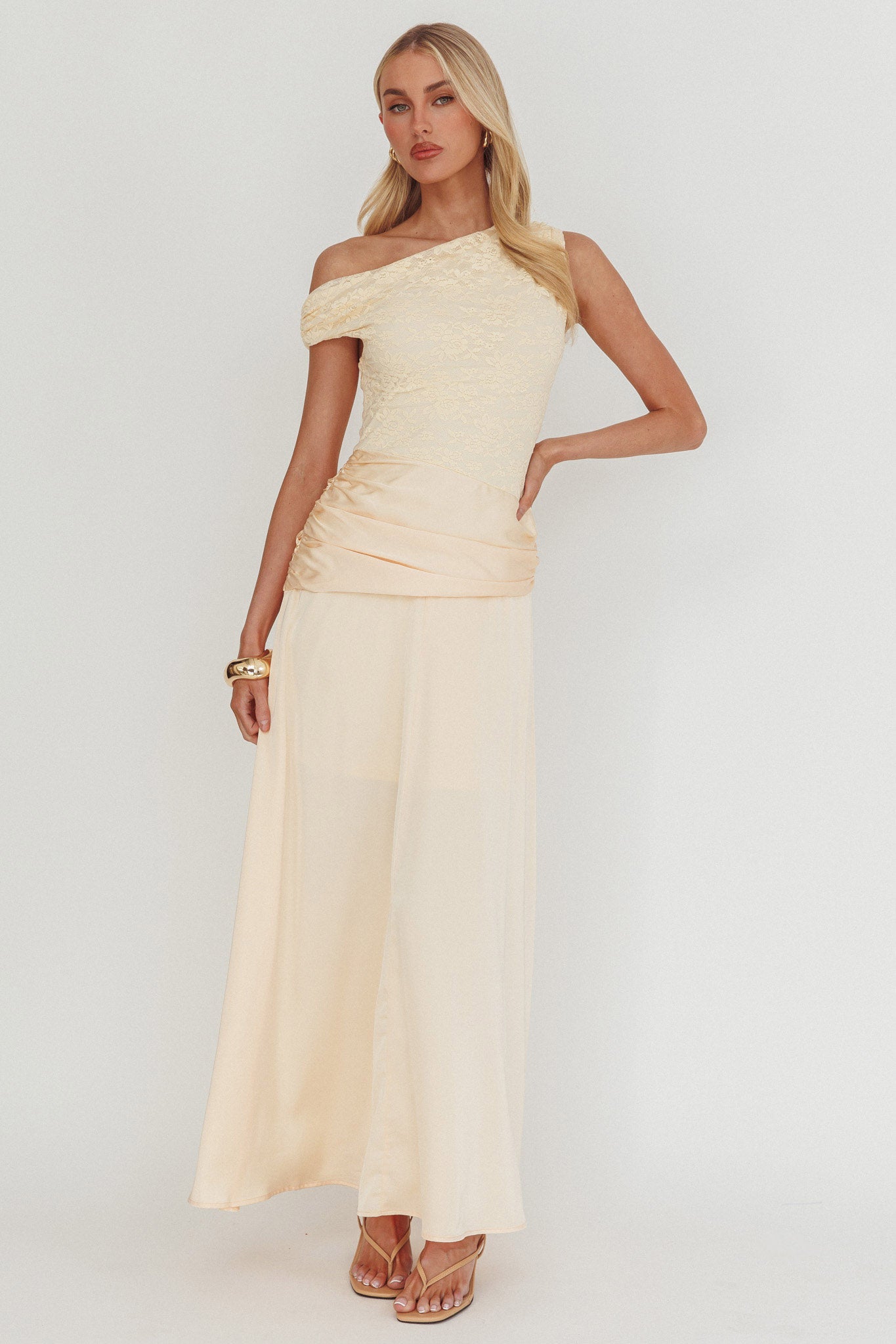 Diana Asymmetric Shoulder Pleat Waist Maxi Dress Butter-Maymioy