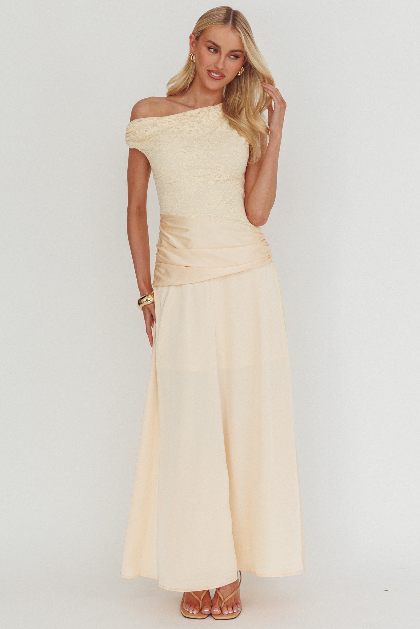 Diana Asymmetric Shoulder Pleat Waist Maxi Dress Butter-Maymioy