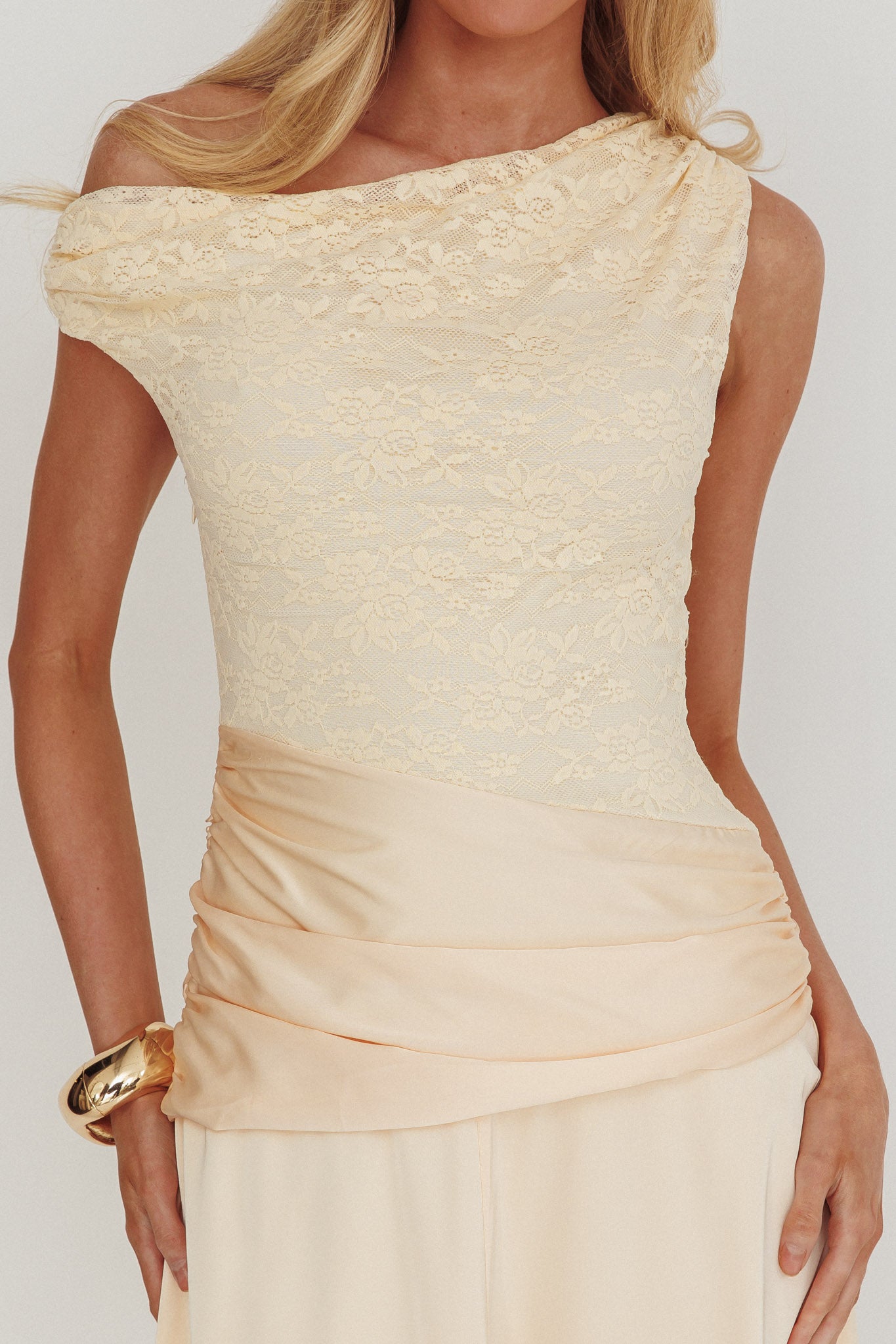 Diana Asymmetric Shoulder Pleat Waist Maxi Dress Butter-Maymioy