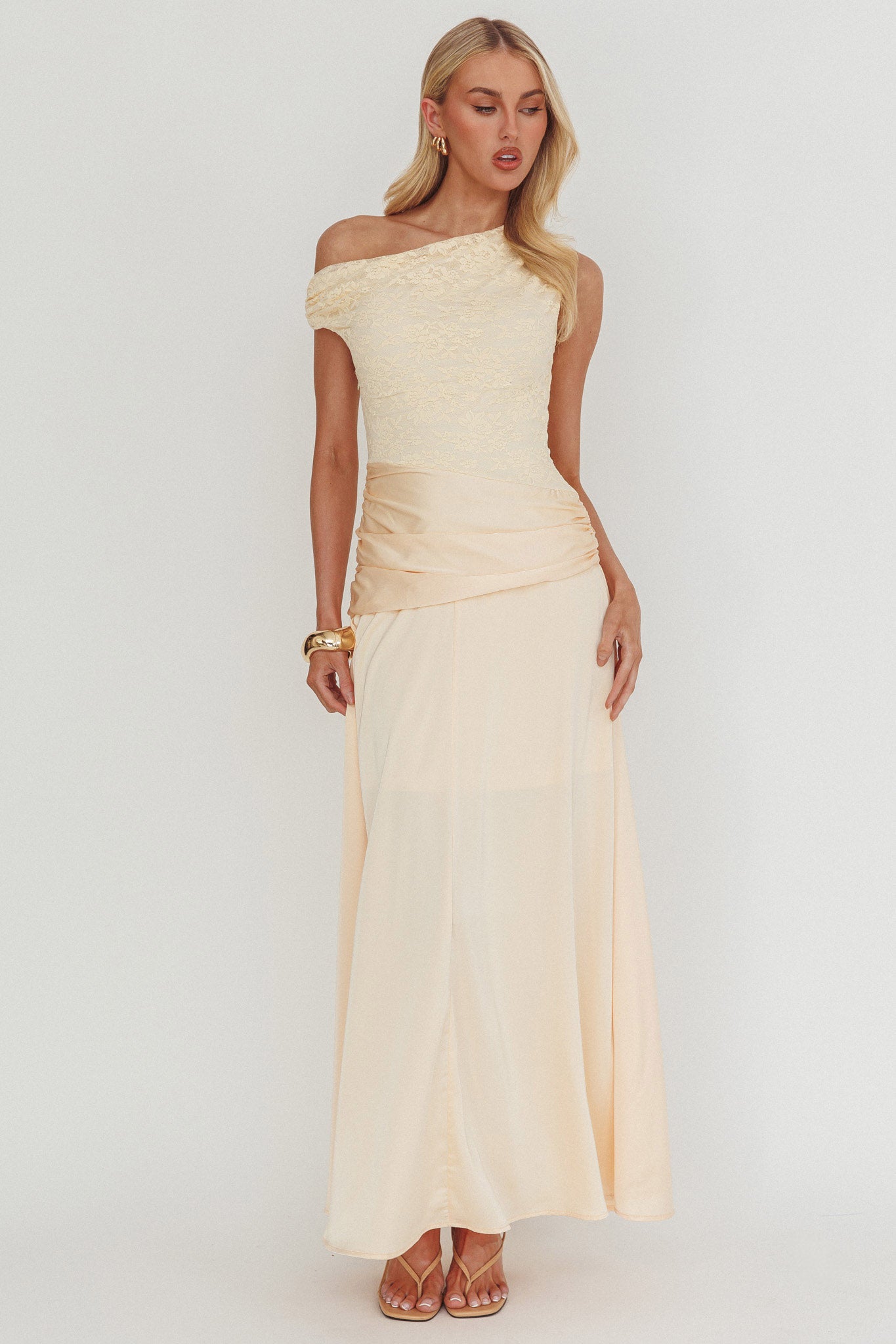 Diana Asymmetric Shoulder Pleat Waist Maxi Dress Butter-Maymioy