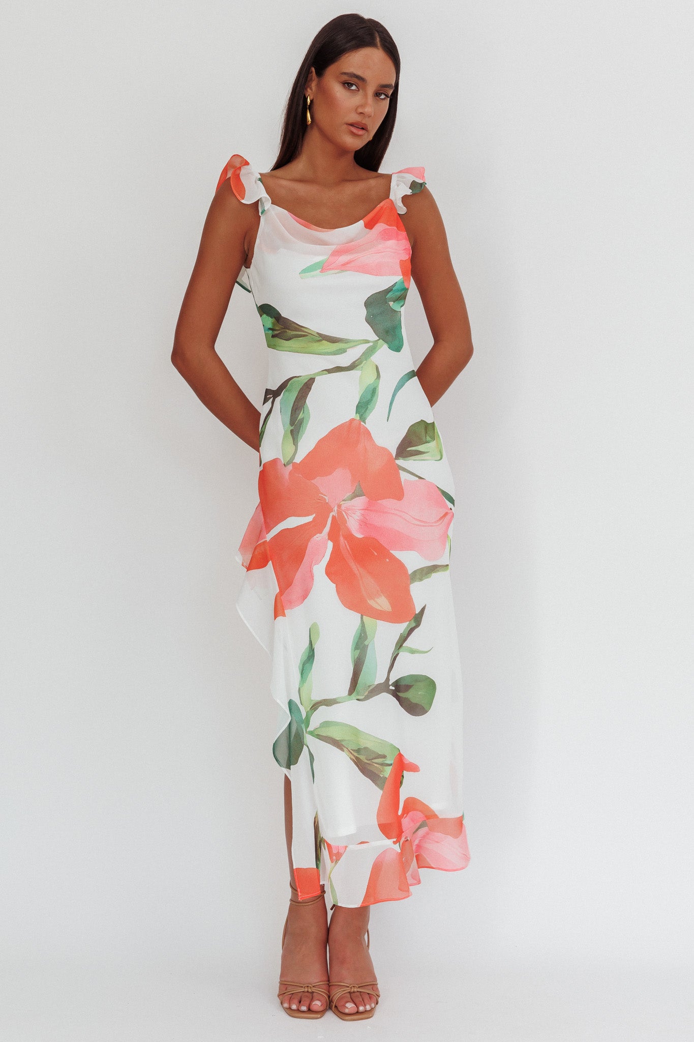 Loula Ruffle Strap Maxi Dress Floral Red-Maymioy
