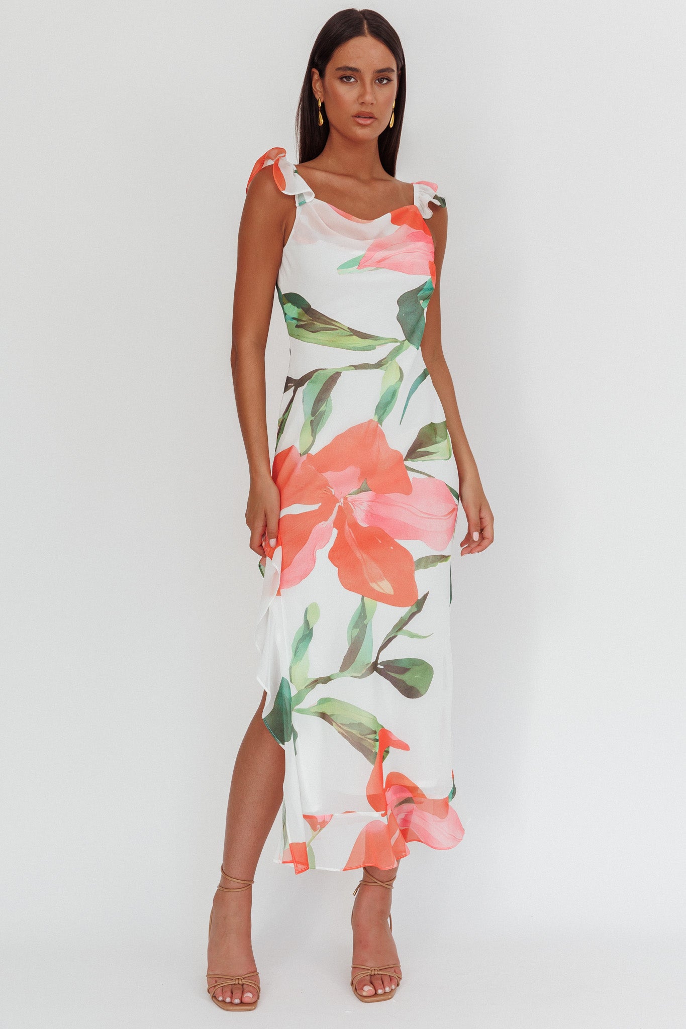Loula Ruffle Strap Maxi Dress Floral Red-Maymioy