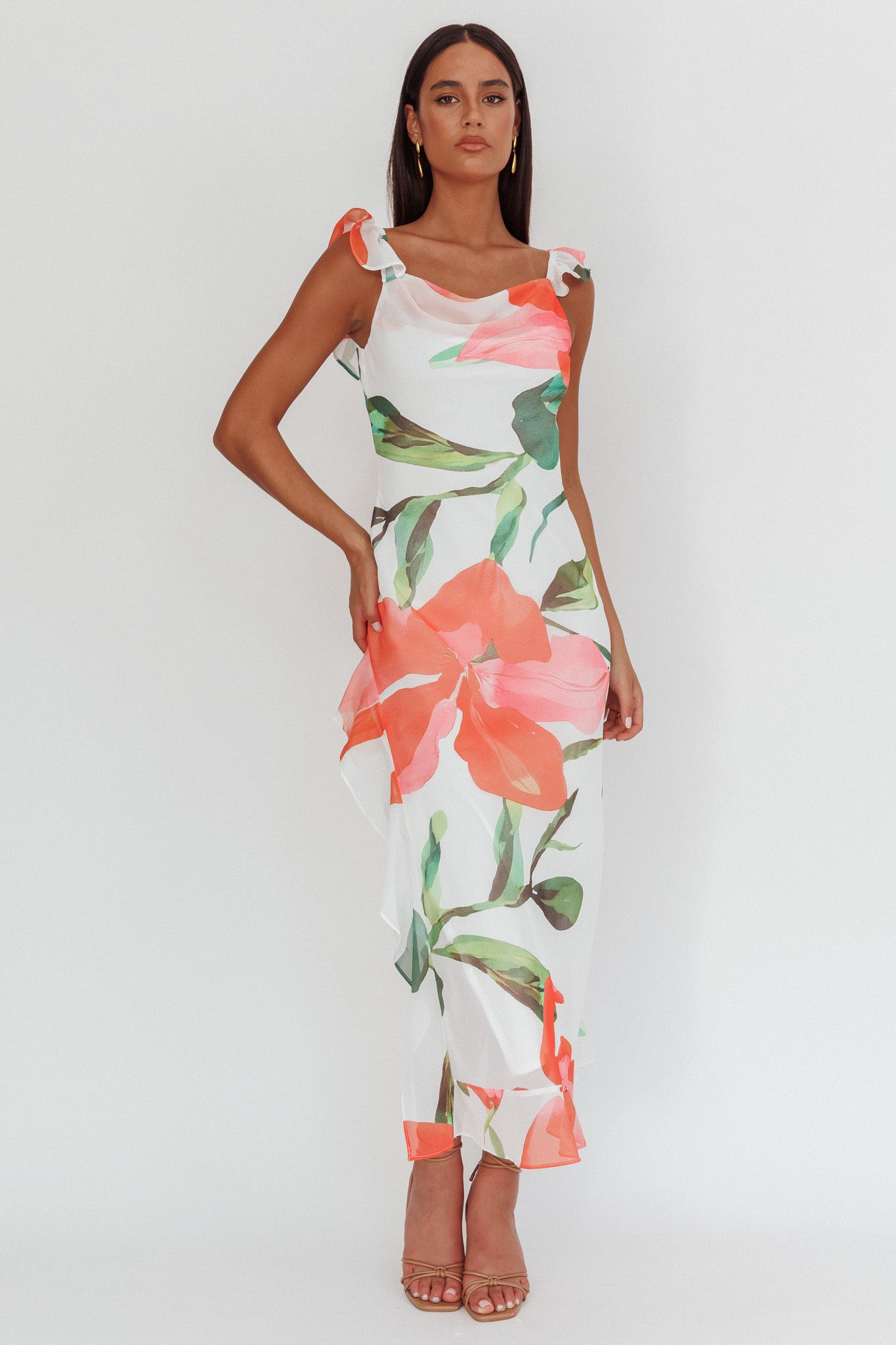 Loula Ruffle Strap Maxi Dress Floral Red-Maymioy